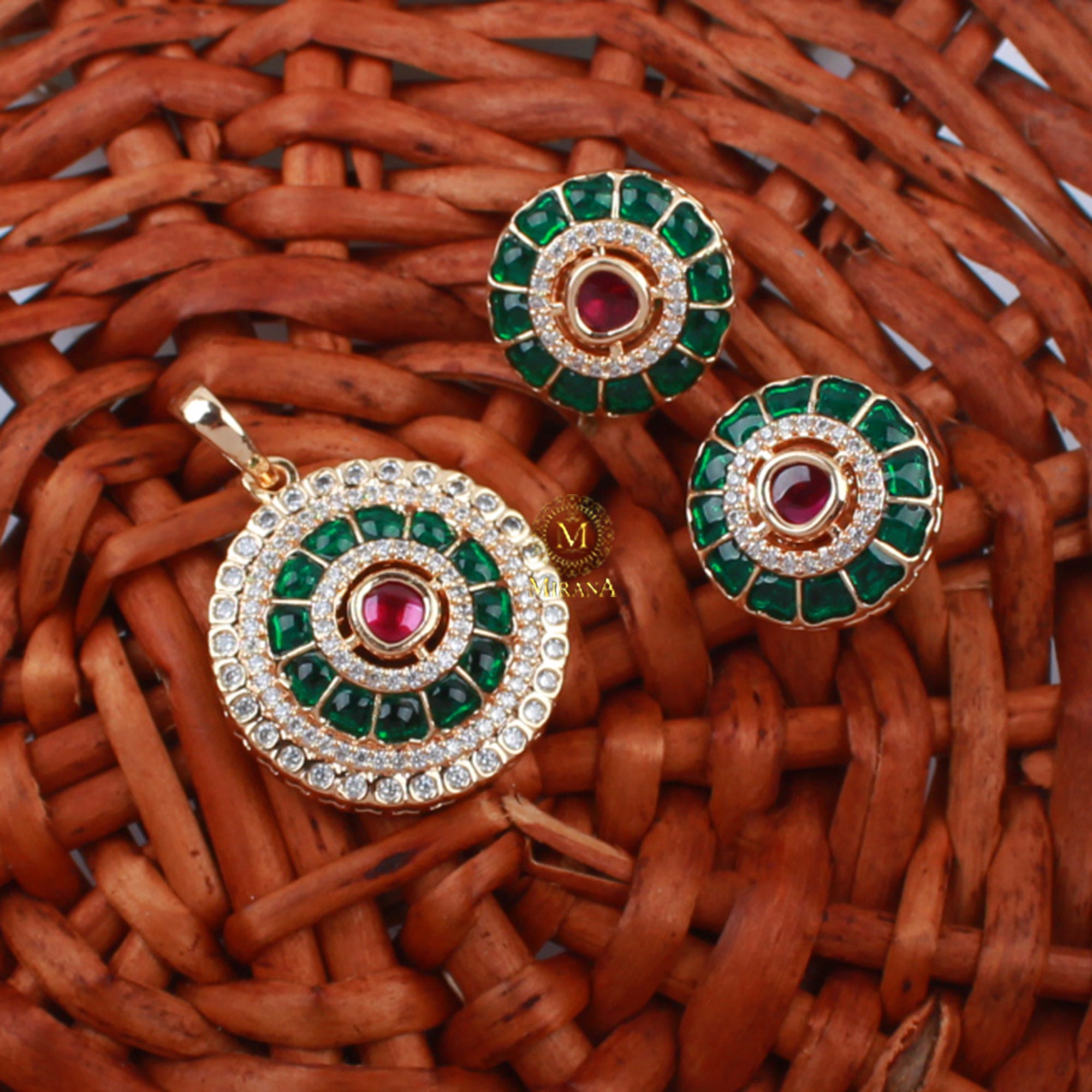 Keshavi Green Ruby Polki Pendant Set