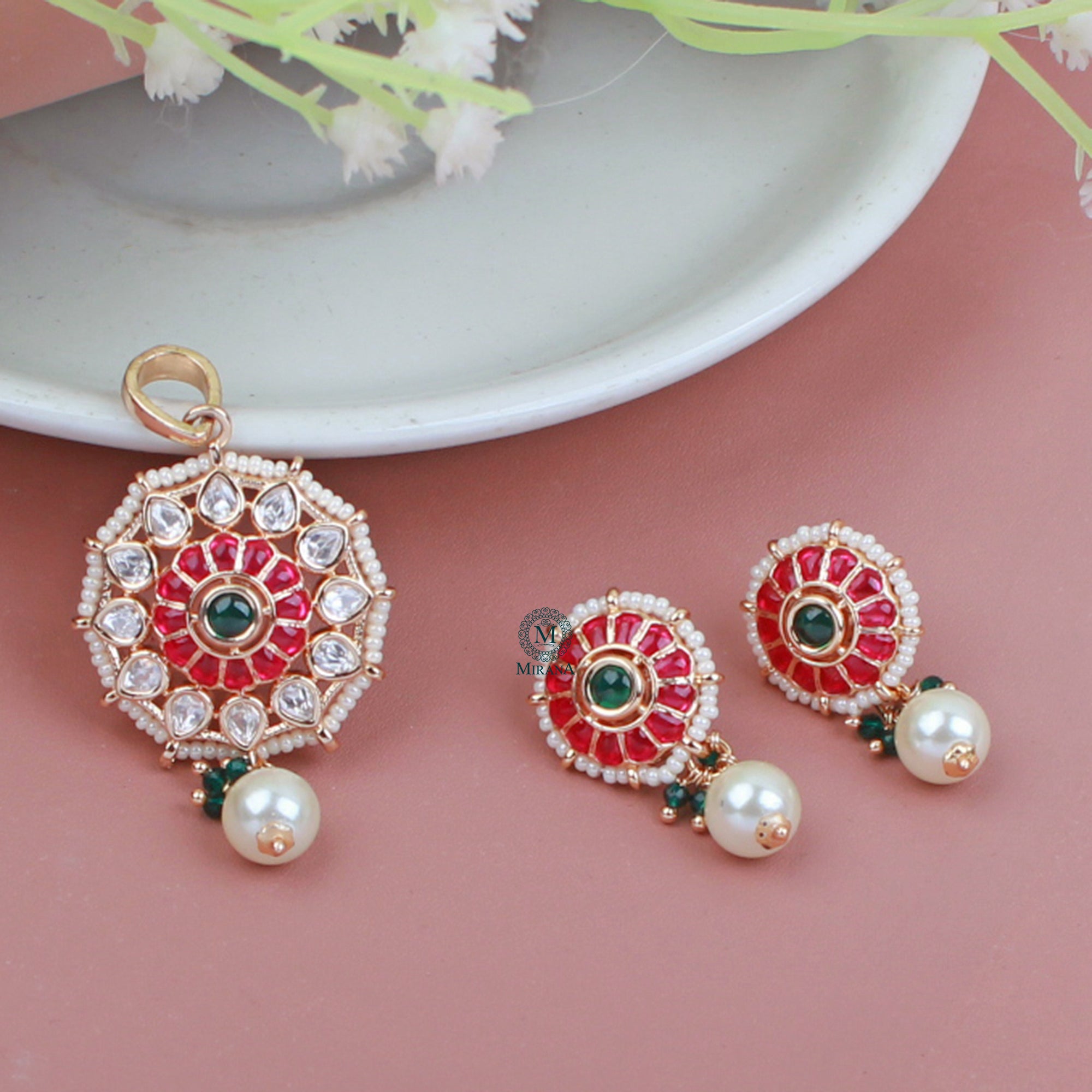 Yogita Pearl Polki Designer Pendant Set