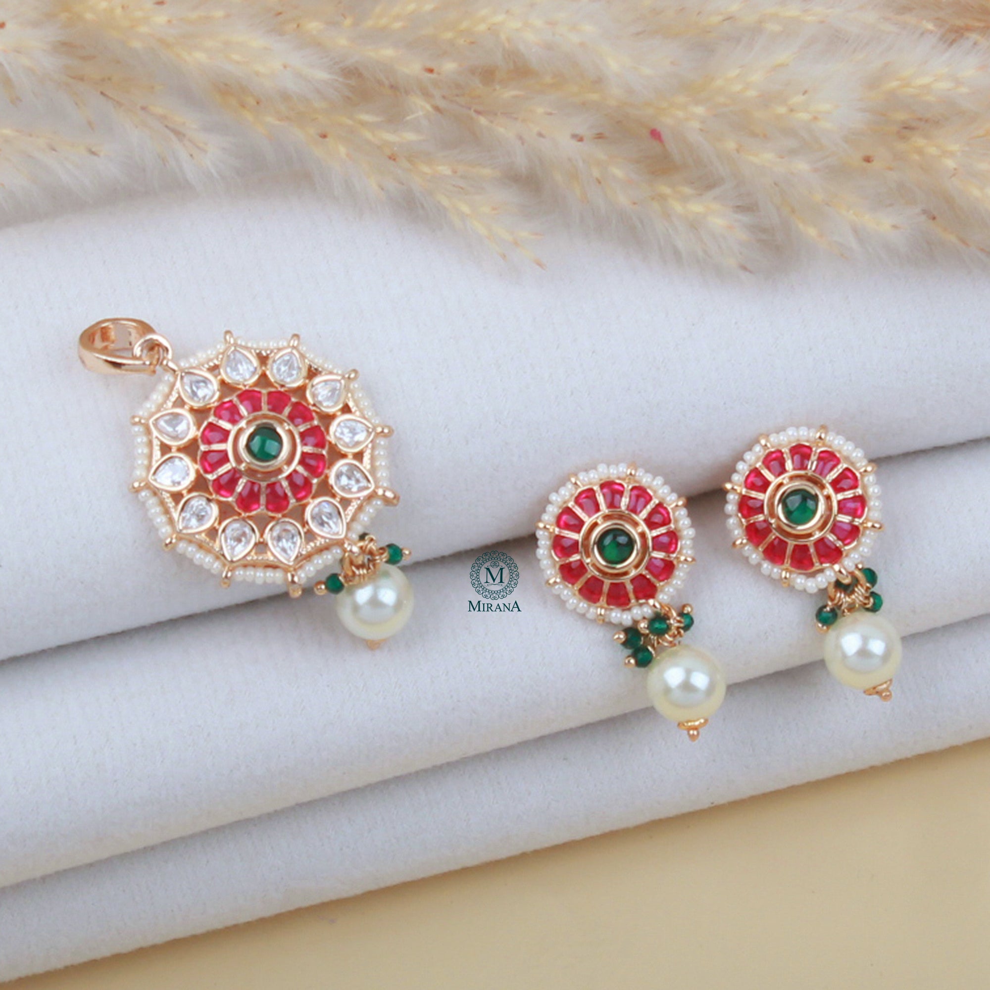 Yogita Pearl Polki Designer Pendant Set