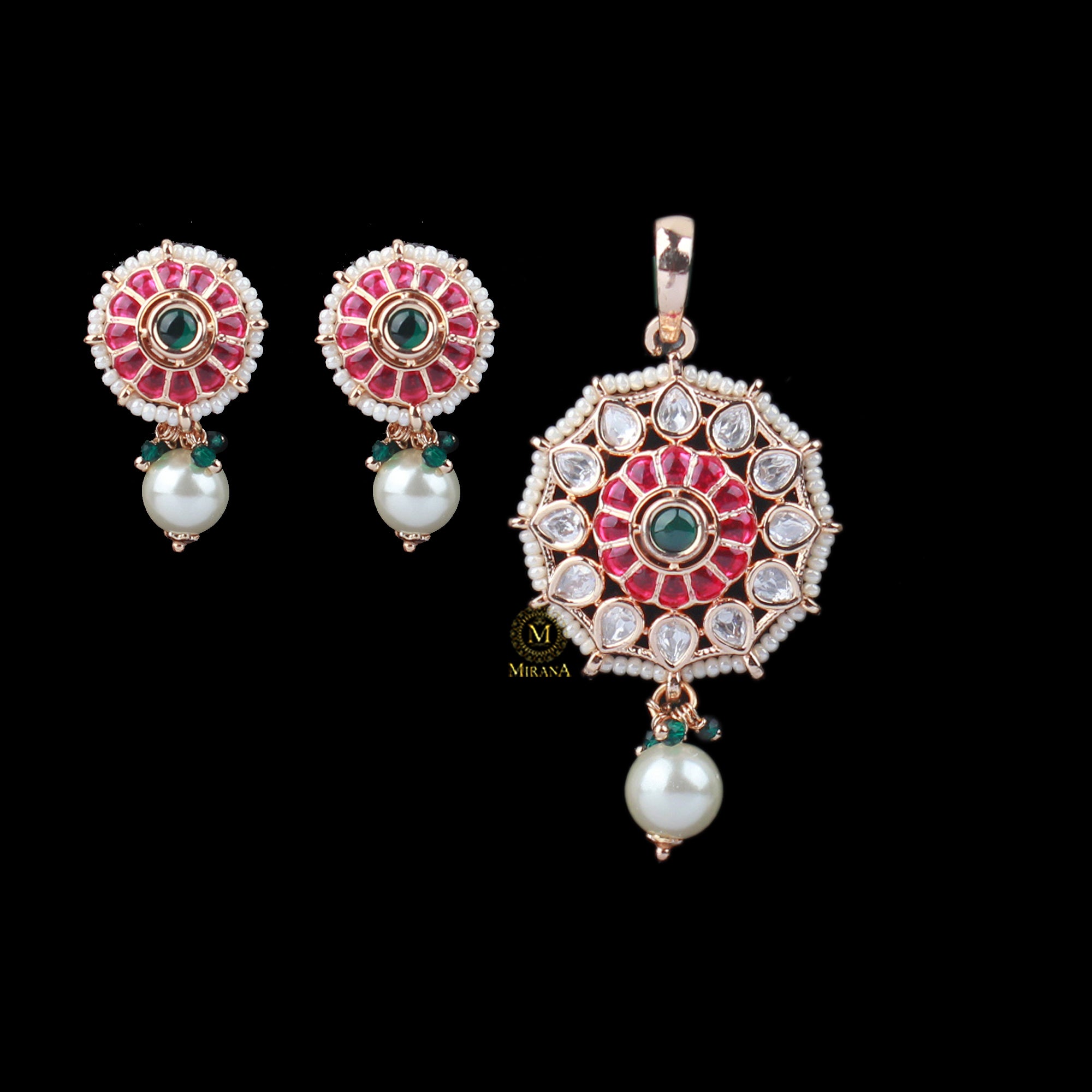 Yogita Pearl Polki Designer Pendant Set