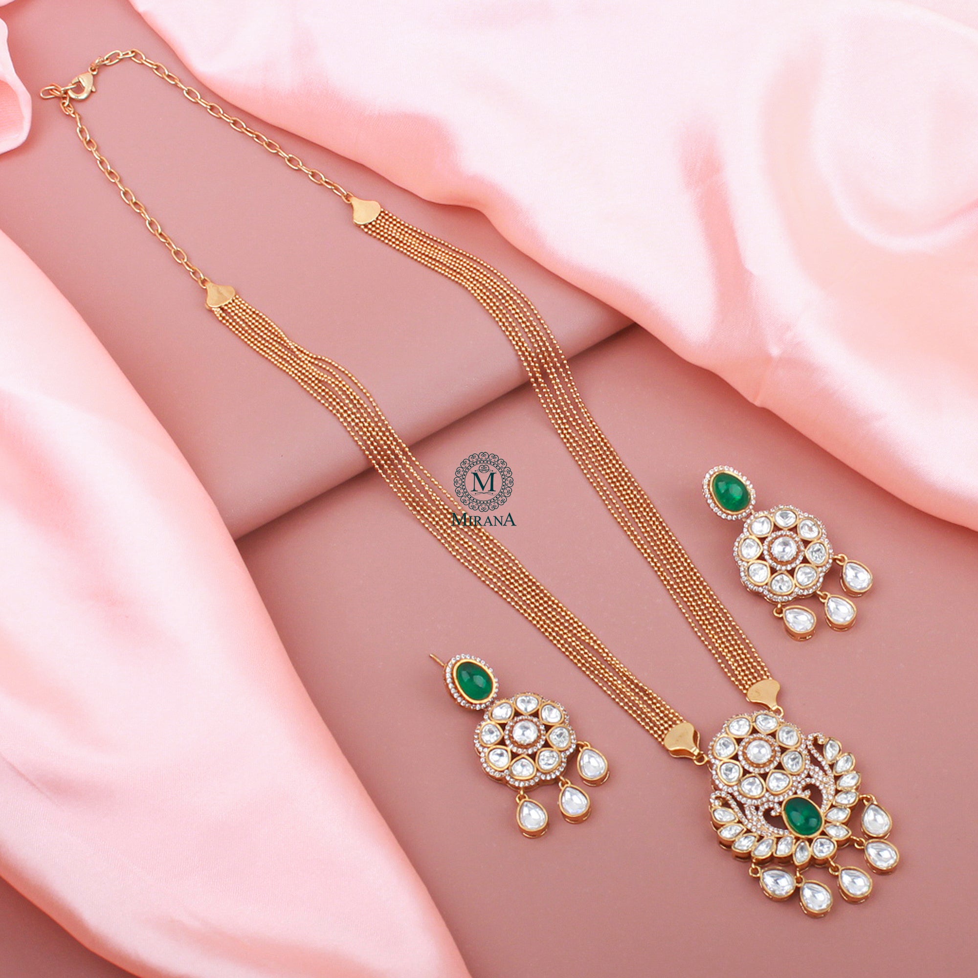Aroo Emerald Green Polki Designer Pendant Set