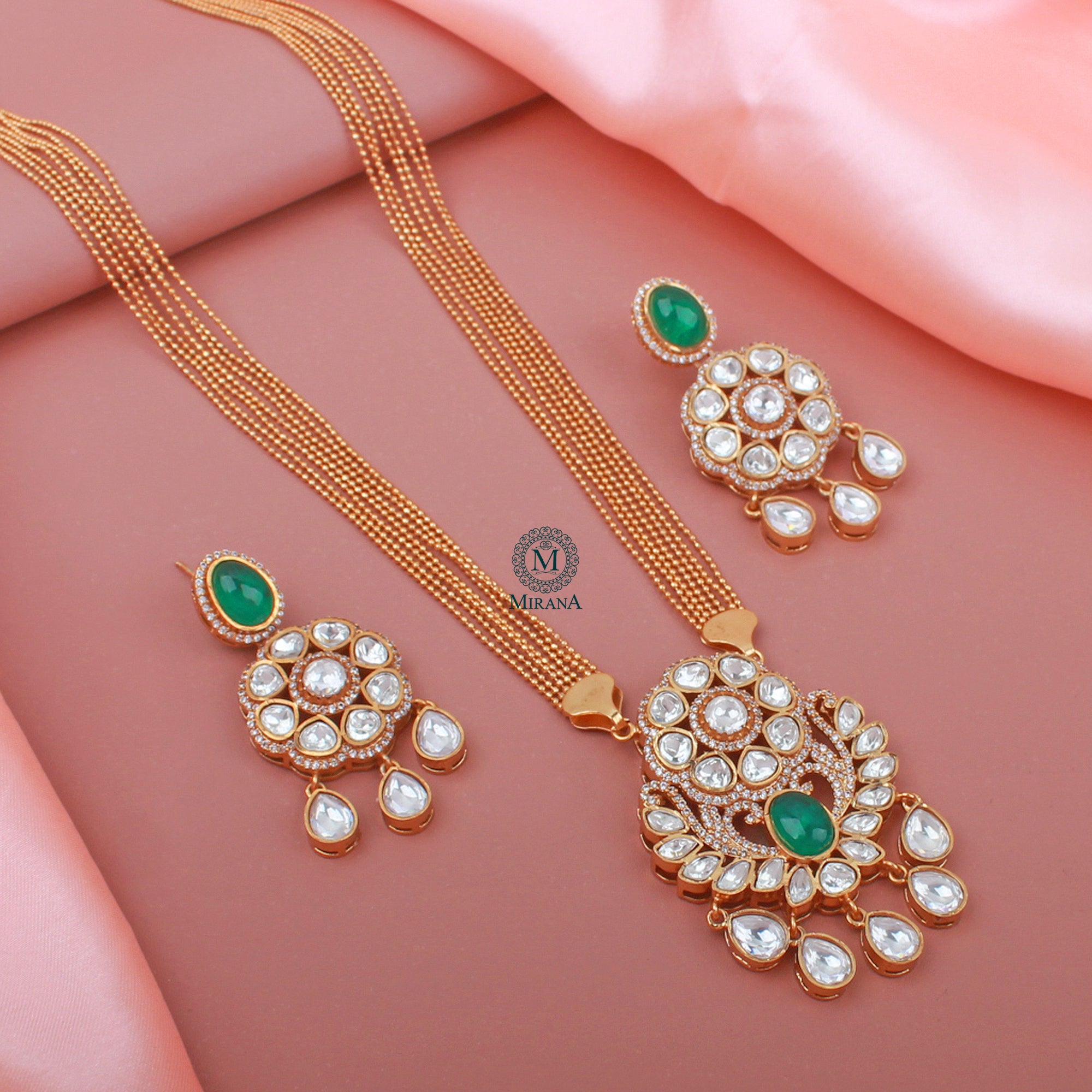 Aroo Emerald Green Polki Designer Pendant Set