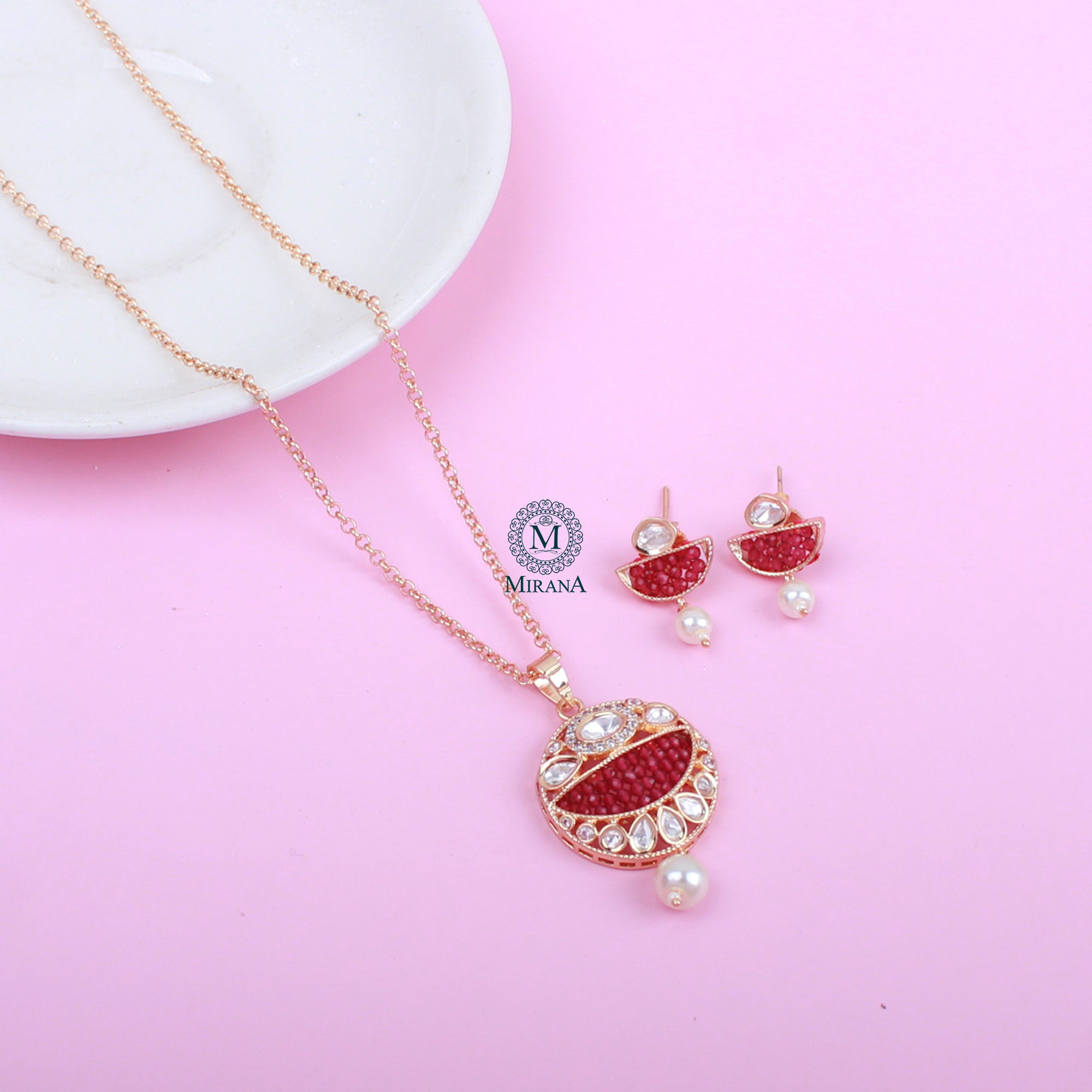 Aarushi Ruby Polki Designer Pendant Set