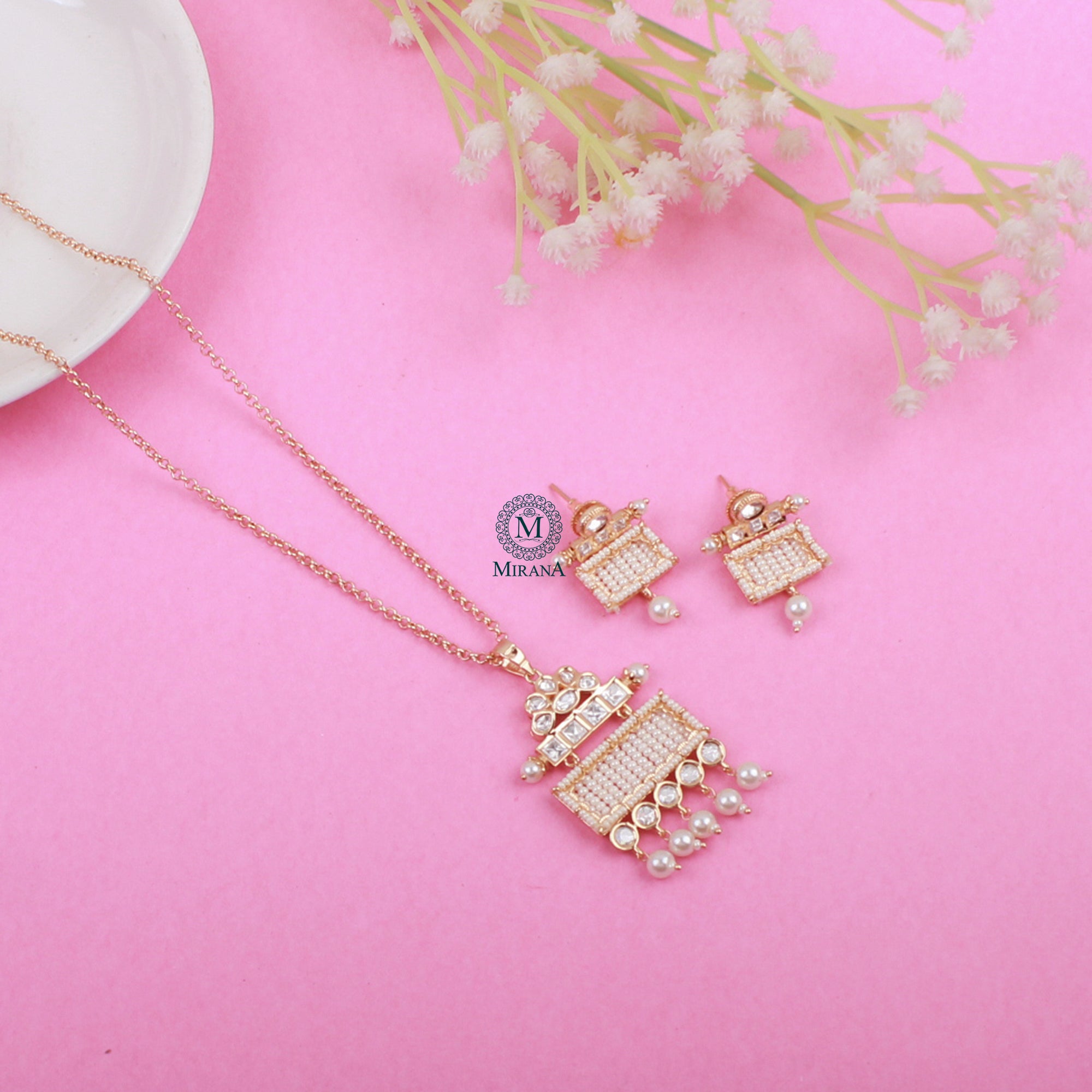 Aradhika Pearl Polki Designer Pendant Set