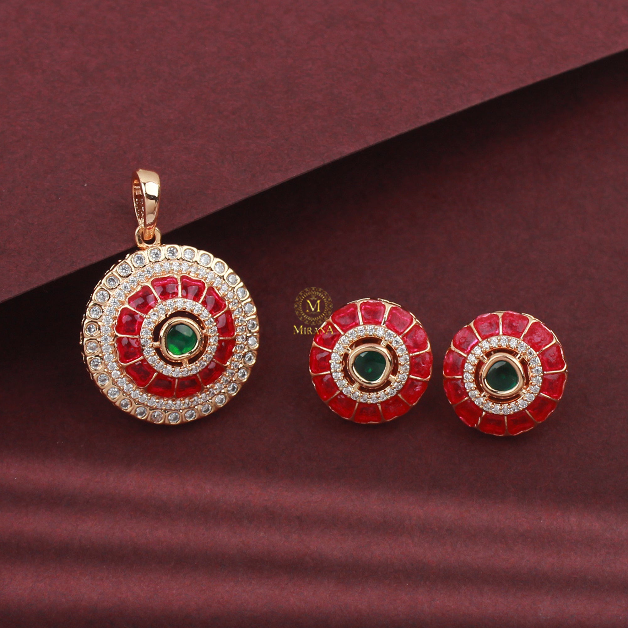 Keshavi Ruby Green Polki Pendant Set
