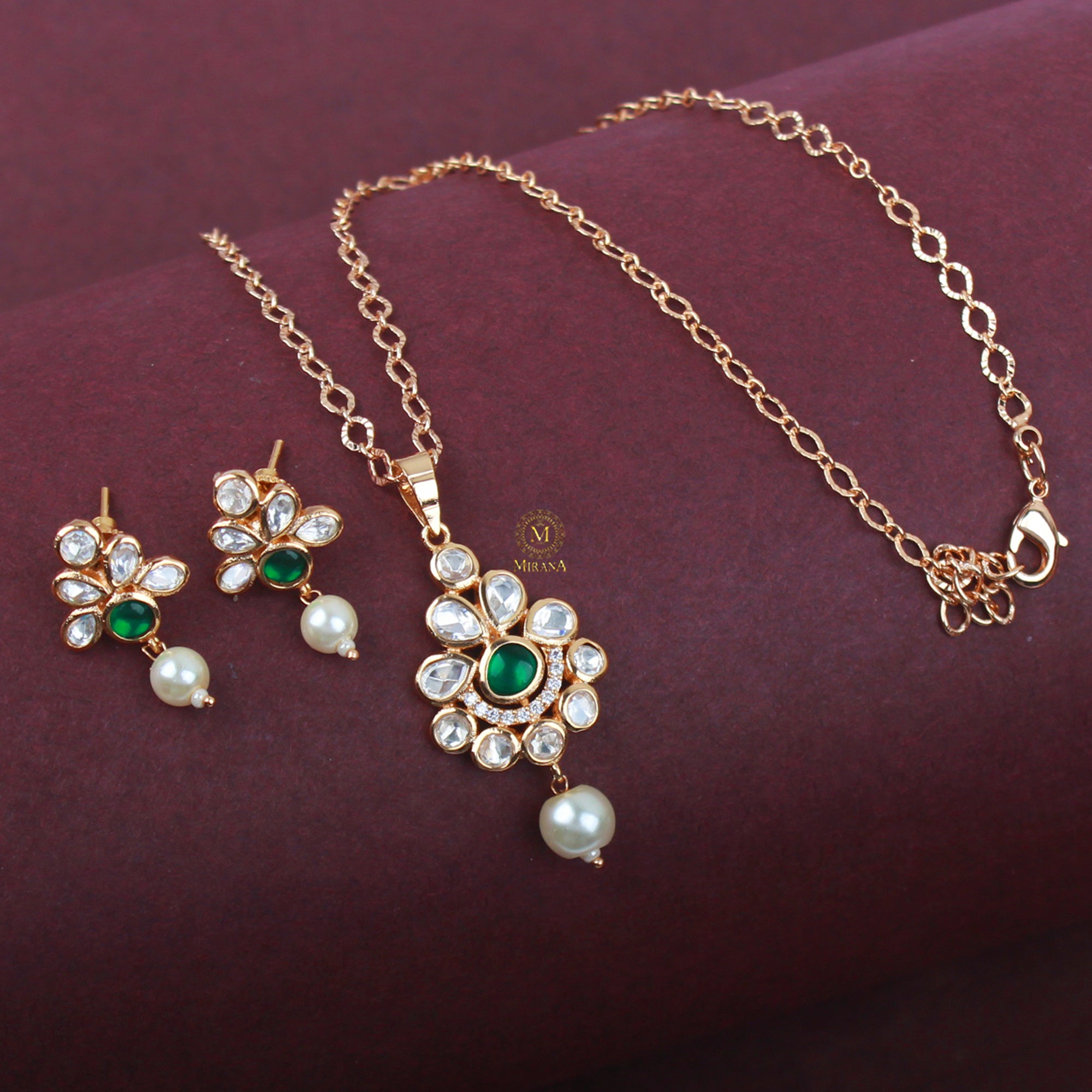 Bavya Pearl Polki Designer Pendant Set