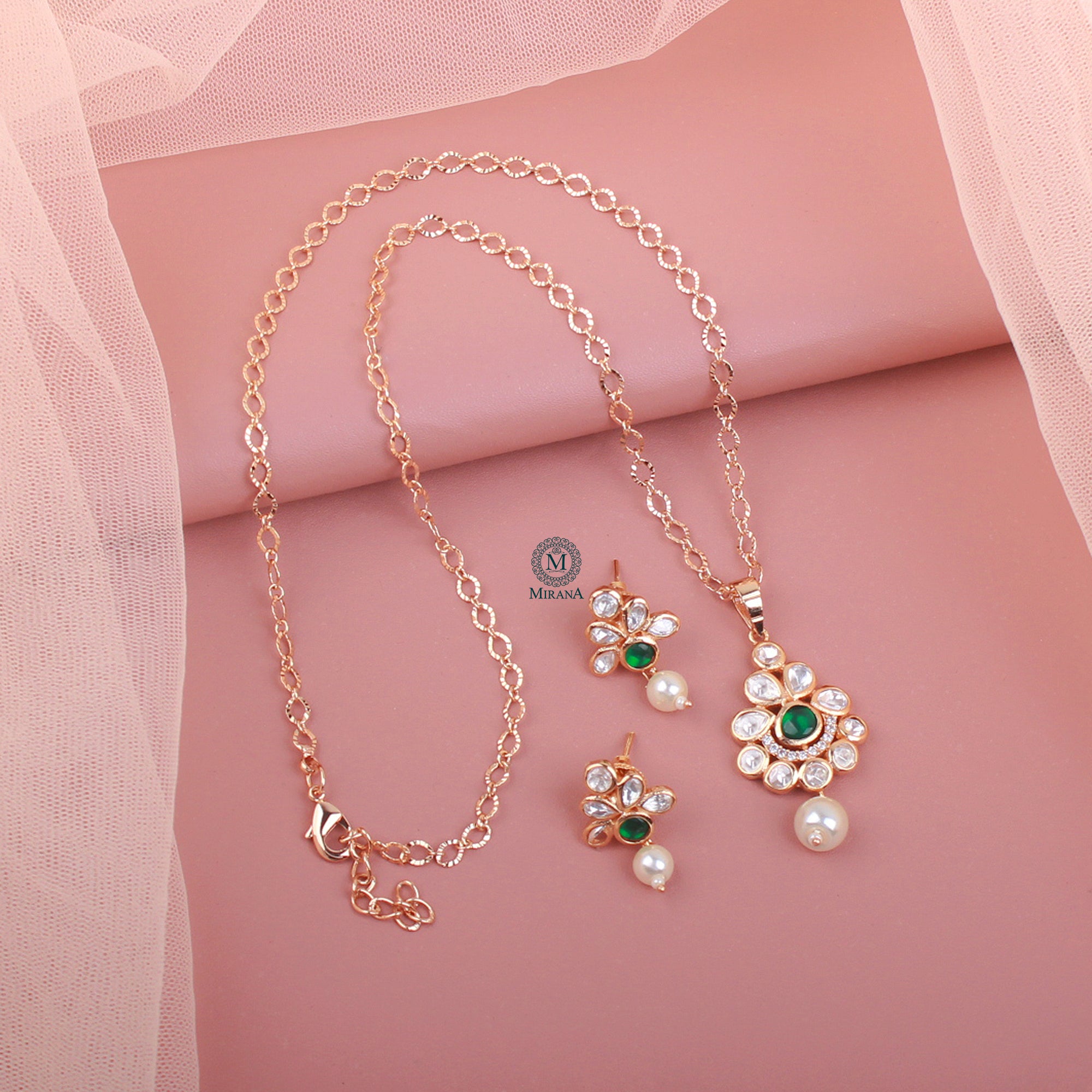 Bavya Pearl Polki Designer Pendant Set