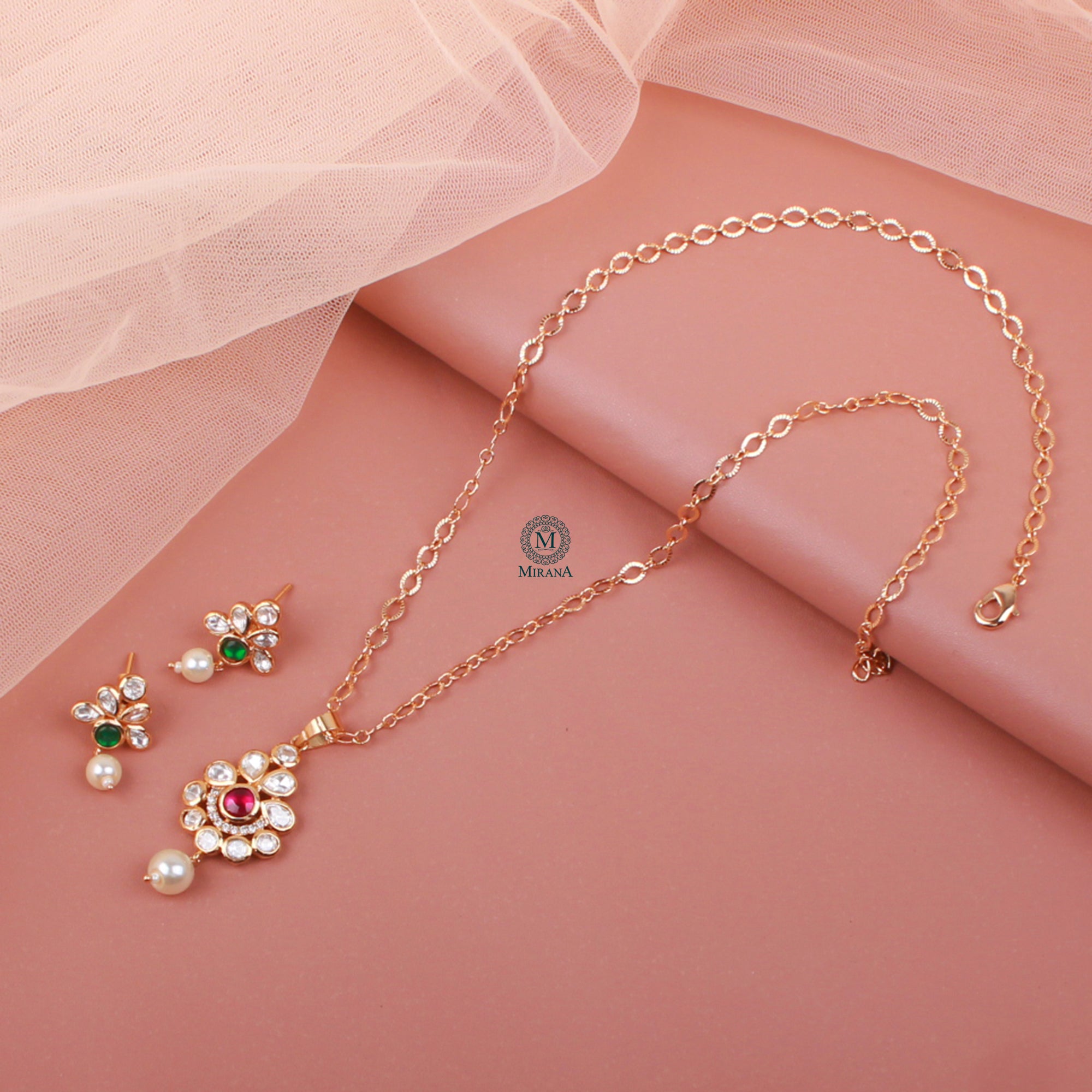 Bavya Pearl Polki Designer Pendant Set