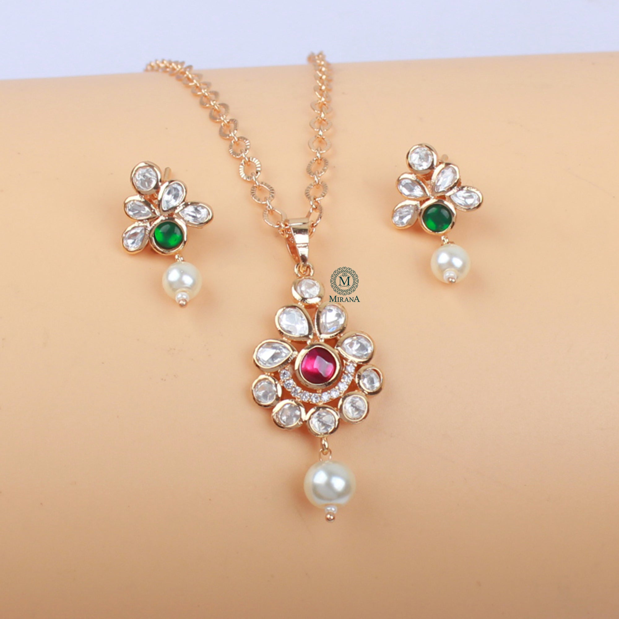 Bavya Pearl Polki Designer Pendant Set