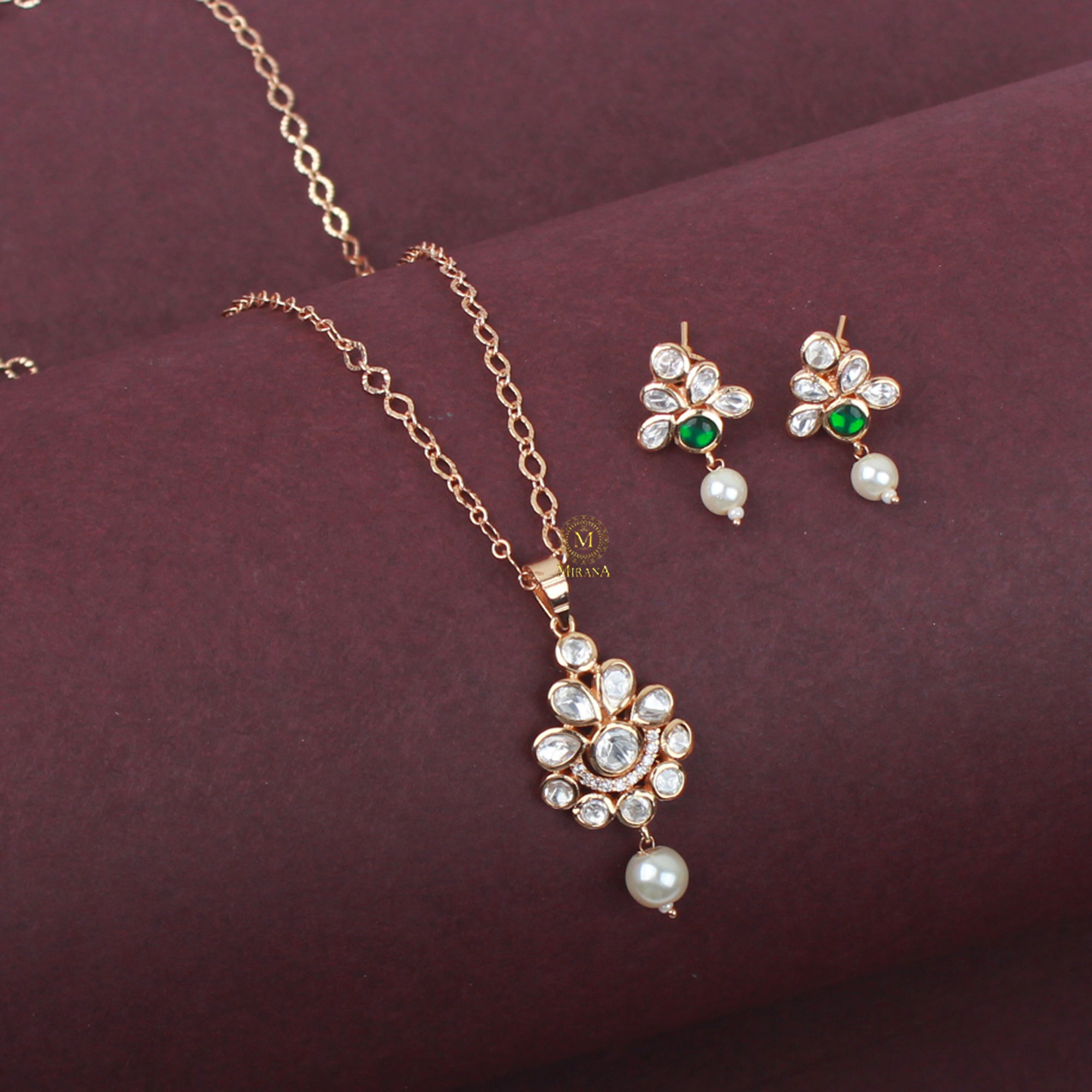 Bavya Pearl Polki Designer Pendant Set