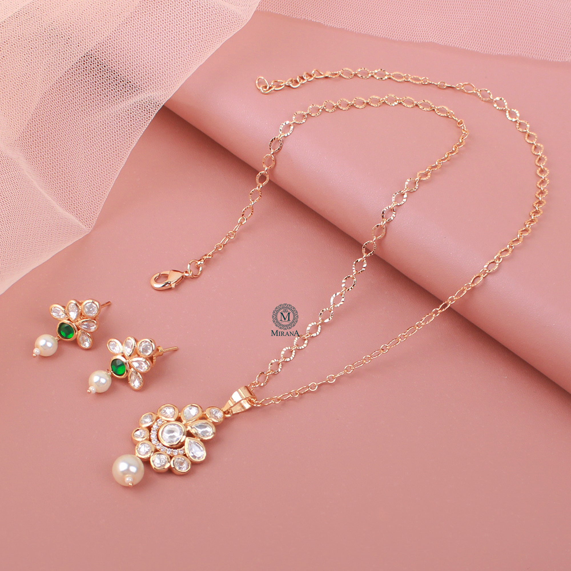 Bavya Pearl Polki Designer Pendant Set