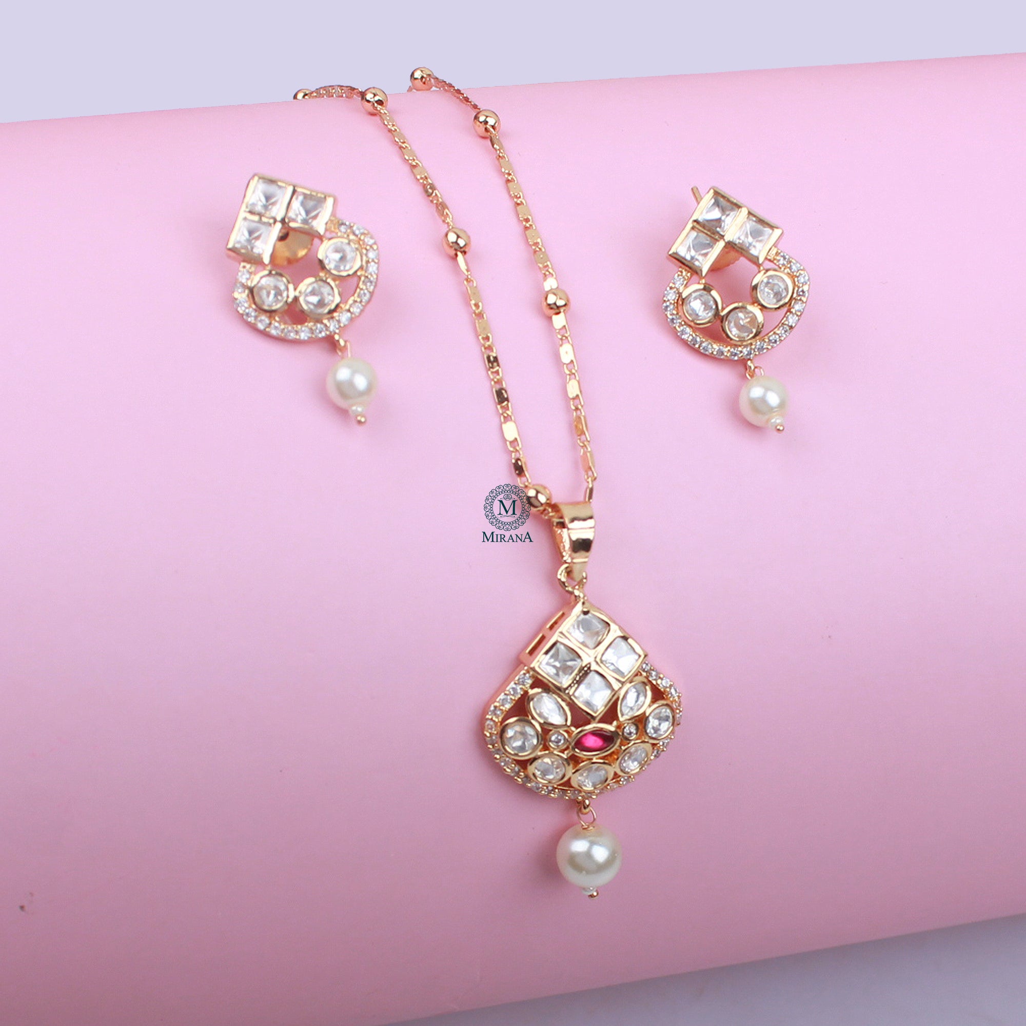 Tanvi Pearl Polki Designer Pendant Set