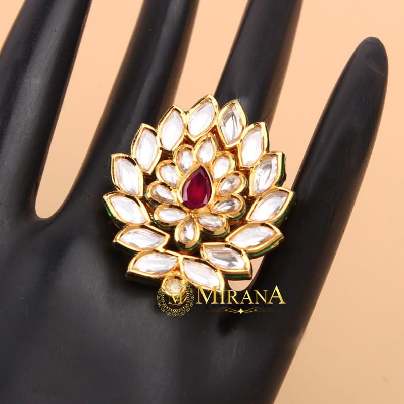 Mudra Red Colored Kundan Leaf Ring