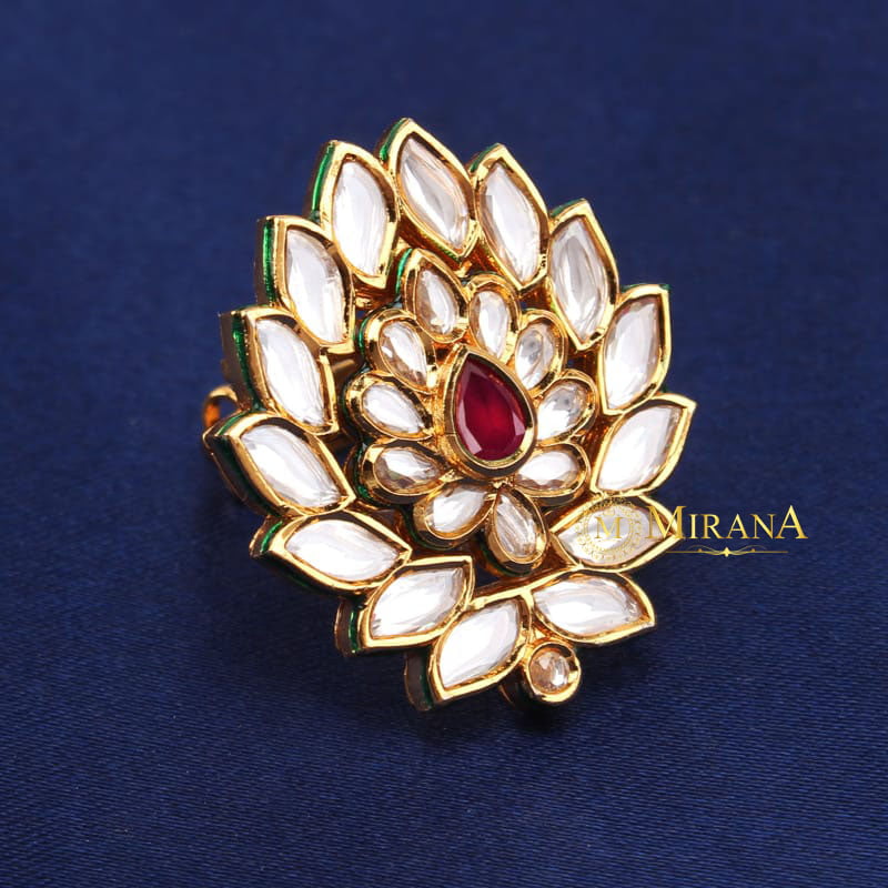 Mudra Red Colored Kundan Leaf Ring