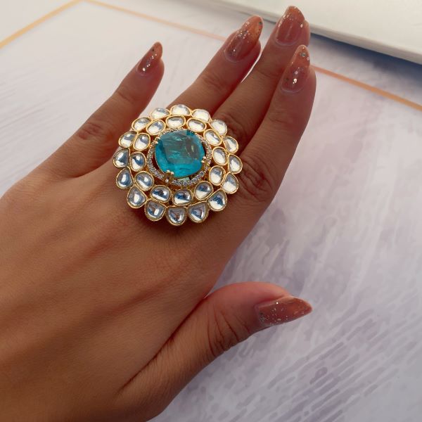 Reeva Aqua Blue Polki Designer Ring