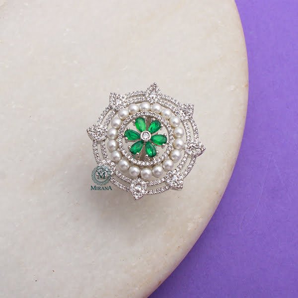 Malina Emerald Green Pearl Designer Ring