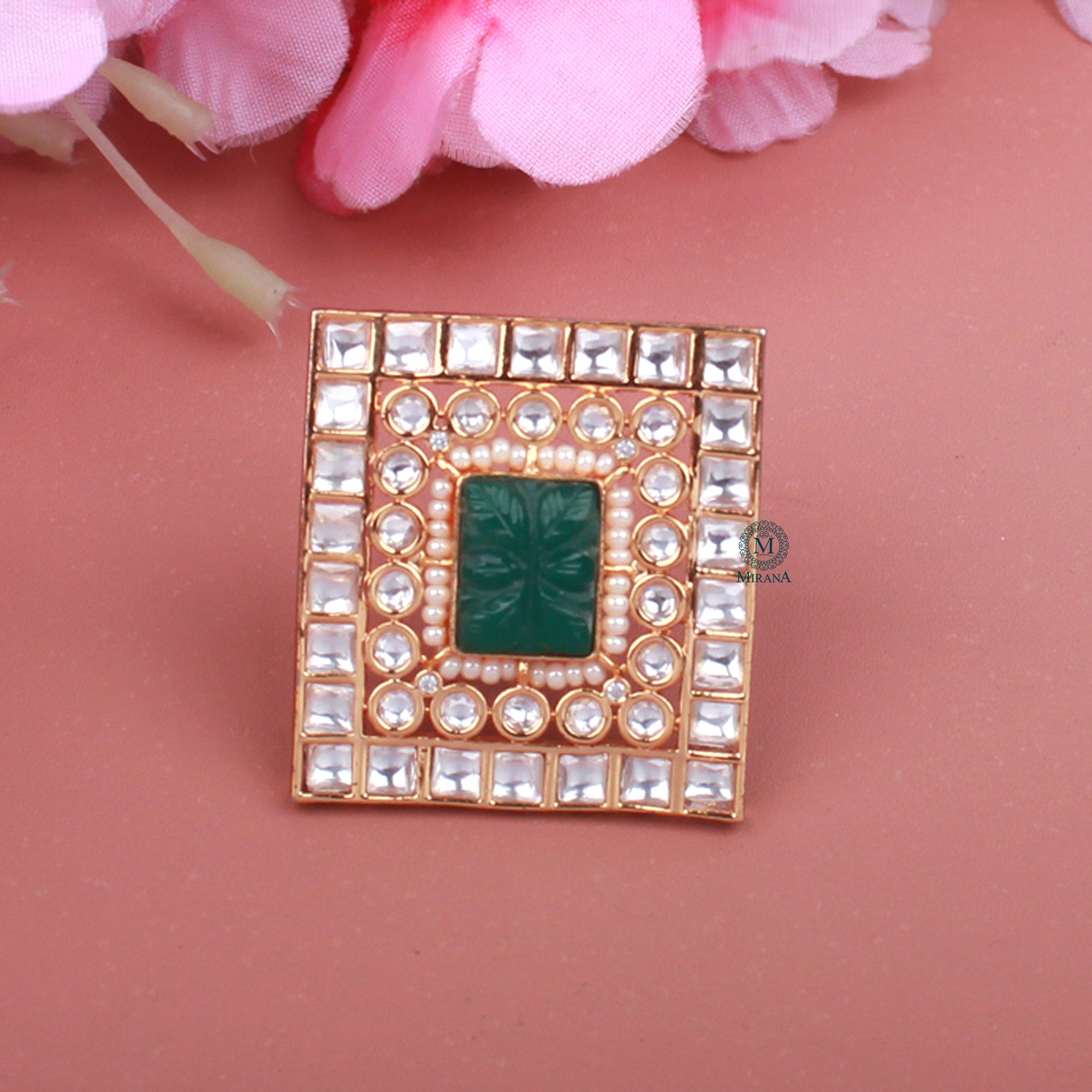 Shriya Green Carved Stone Polki Designer Ring