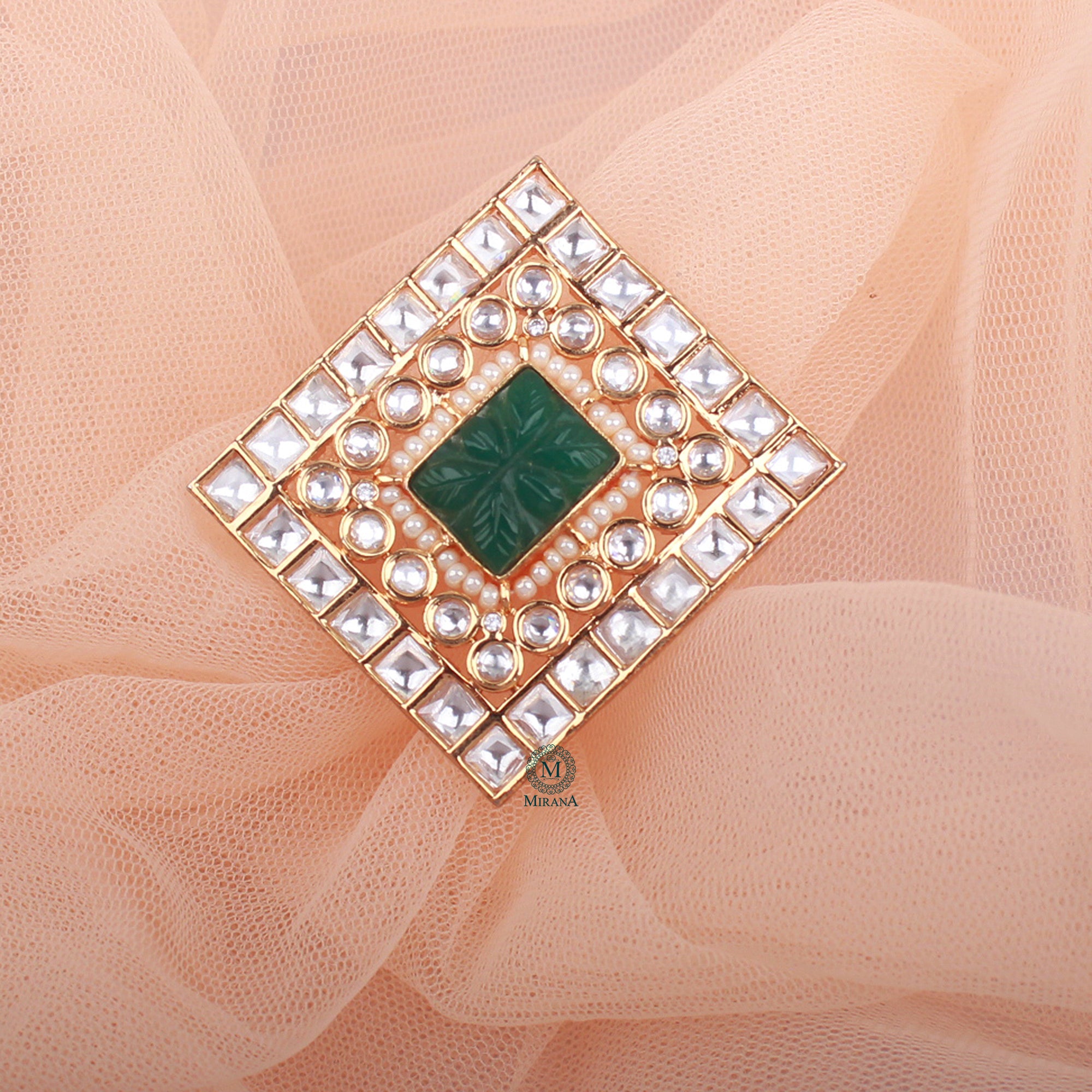 Shriya Green Carved Stone Polki Designer Ring