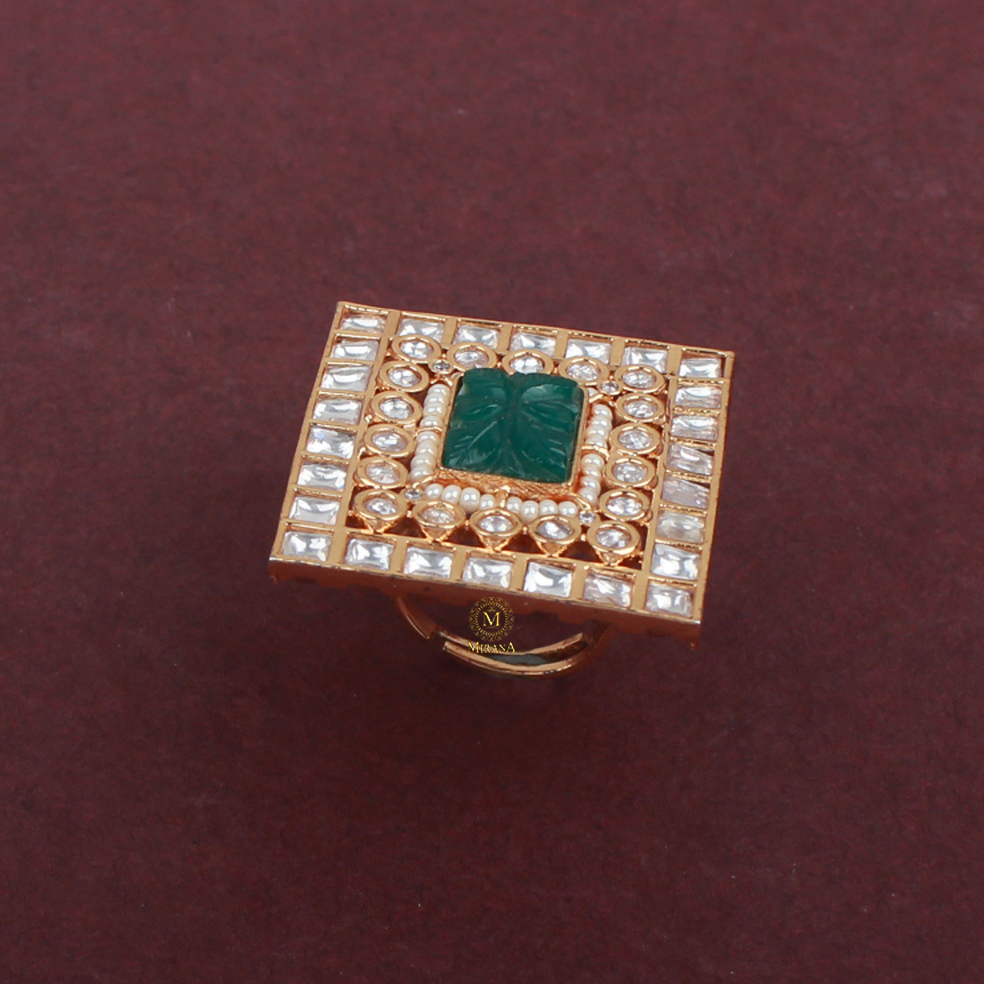 Shriya Green Carved Stone Polki Designer Ring