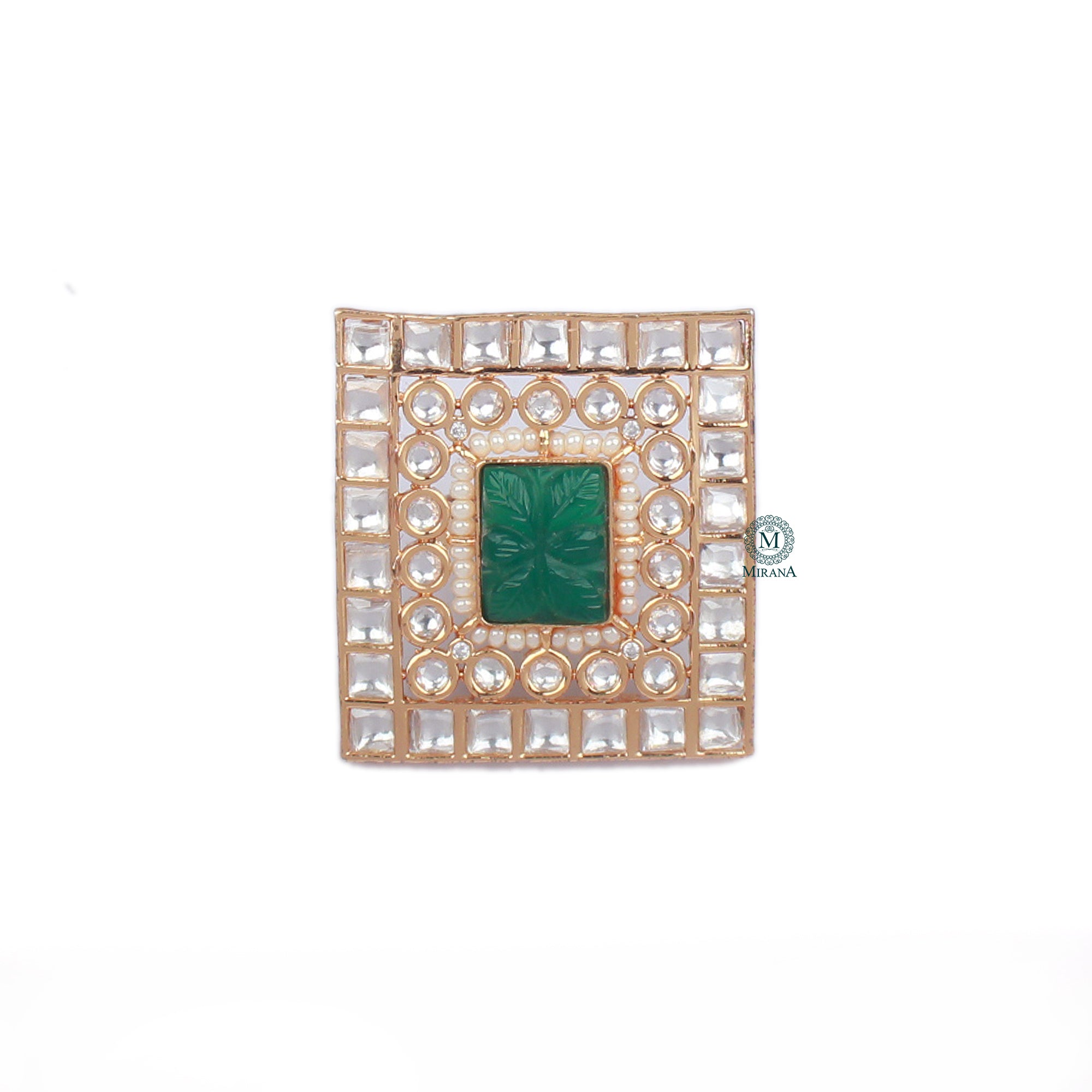 Shriya Green Carved Stone Polki Designer Ring