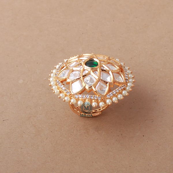 Tanvi Emerald Green Pearl Polki Ring