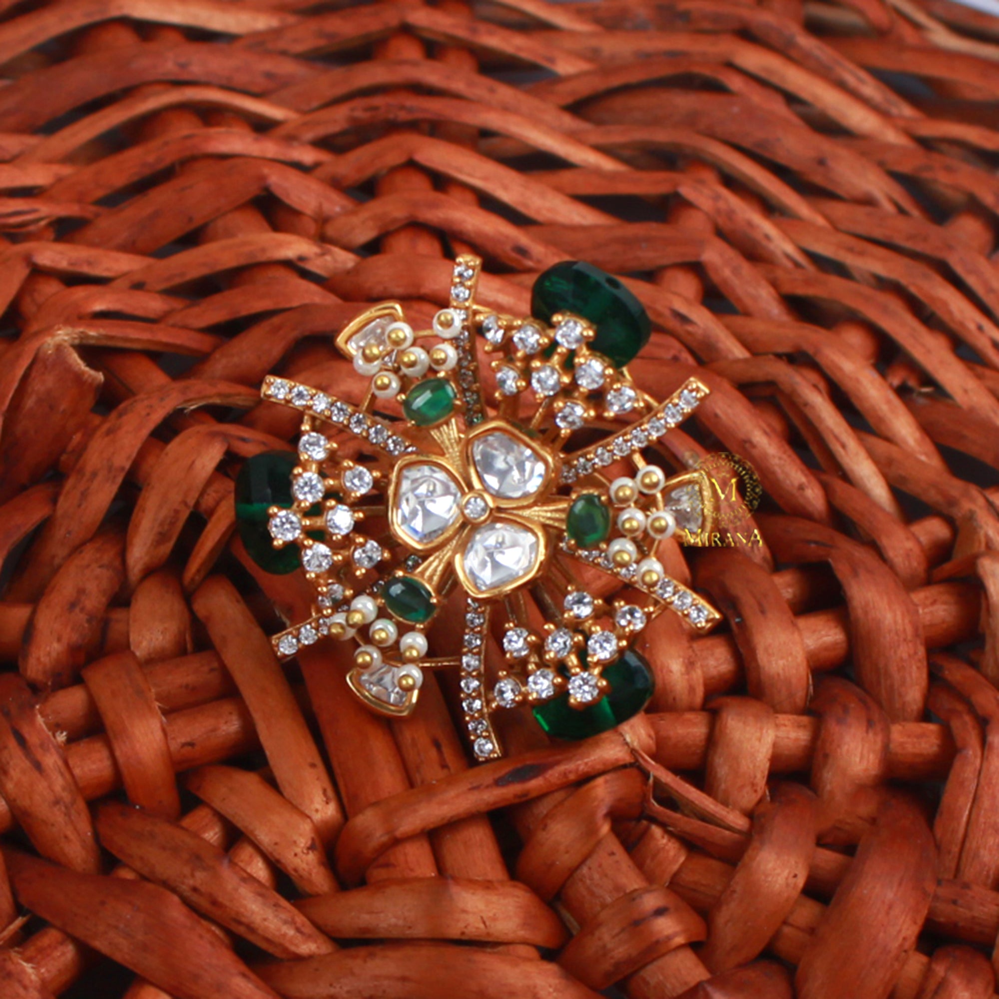 Gulaabo Emerald Green Polki Designer Ring