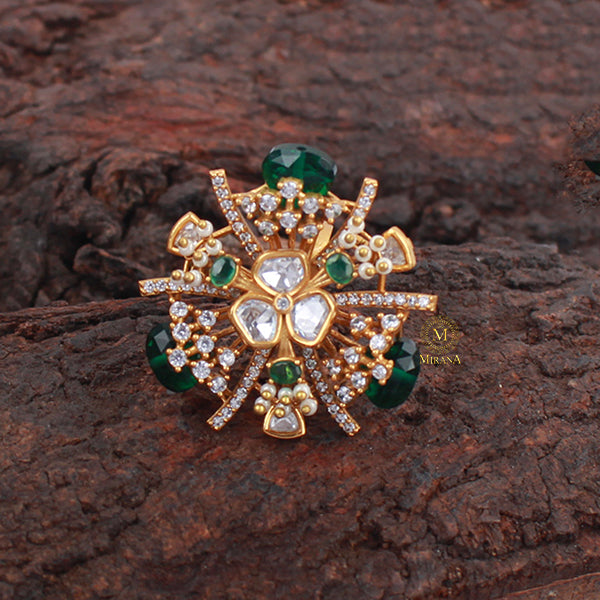 Gulaabo Emerald Green Polki Designer Ring