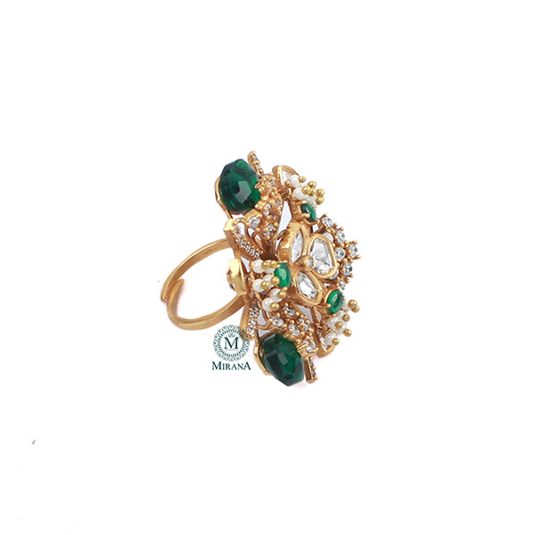 Gulaabo Emerald Green Polki Designer Ring