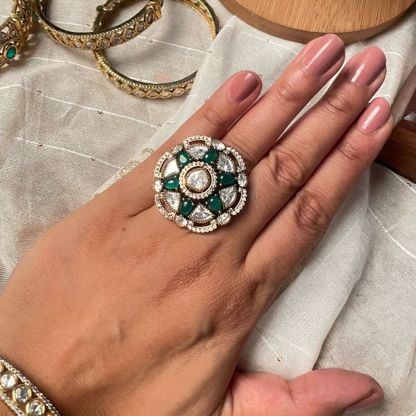Yuvanshi Emerald Green Polki Designer Ring
