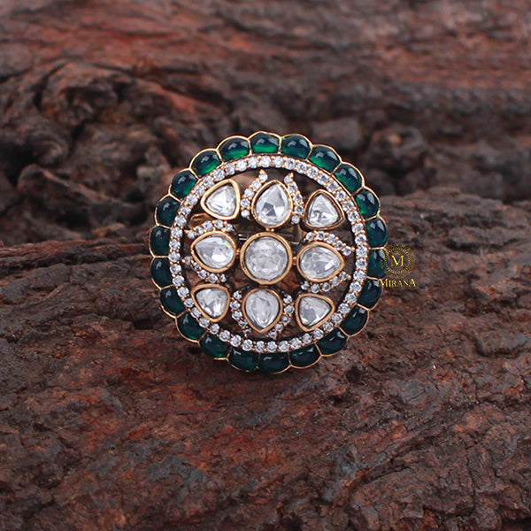 Tashvi Emerald Green Polki Designer Ring