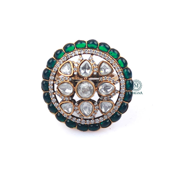 Tashvi Emerald Green Polki Designer Ring