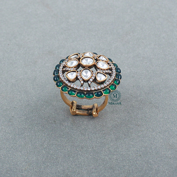 Tashvi Emerald Green Polki Designer Ring