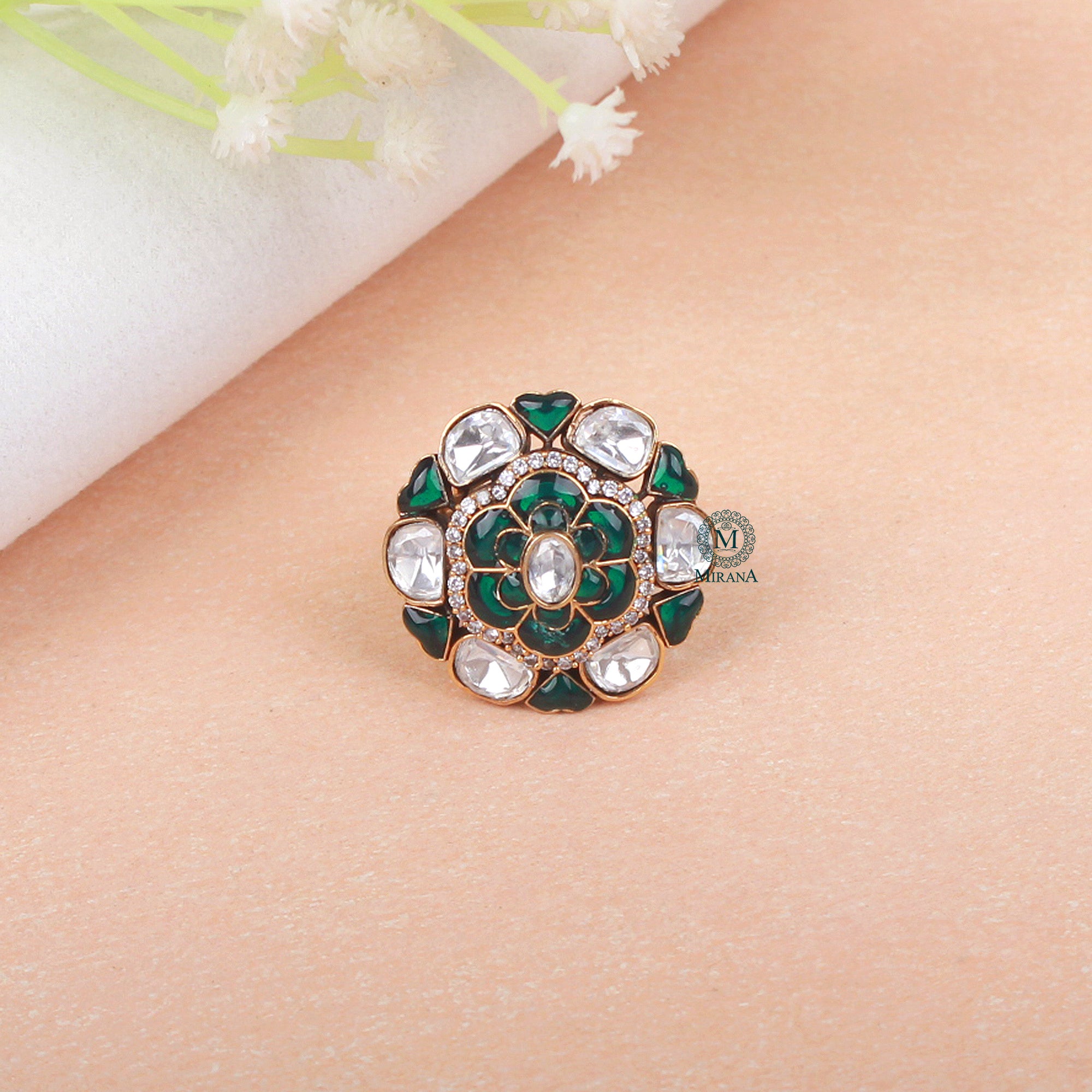 Roopa Emerald Green Polki Designer Ring
