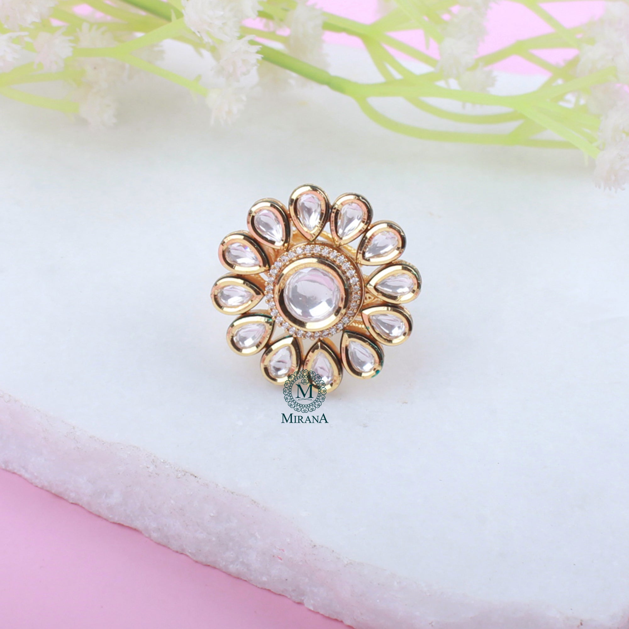 Sanjana Blue Green Polki Designer Ring