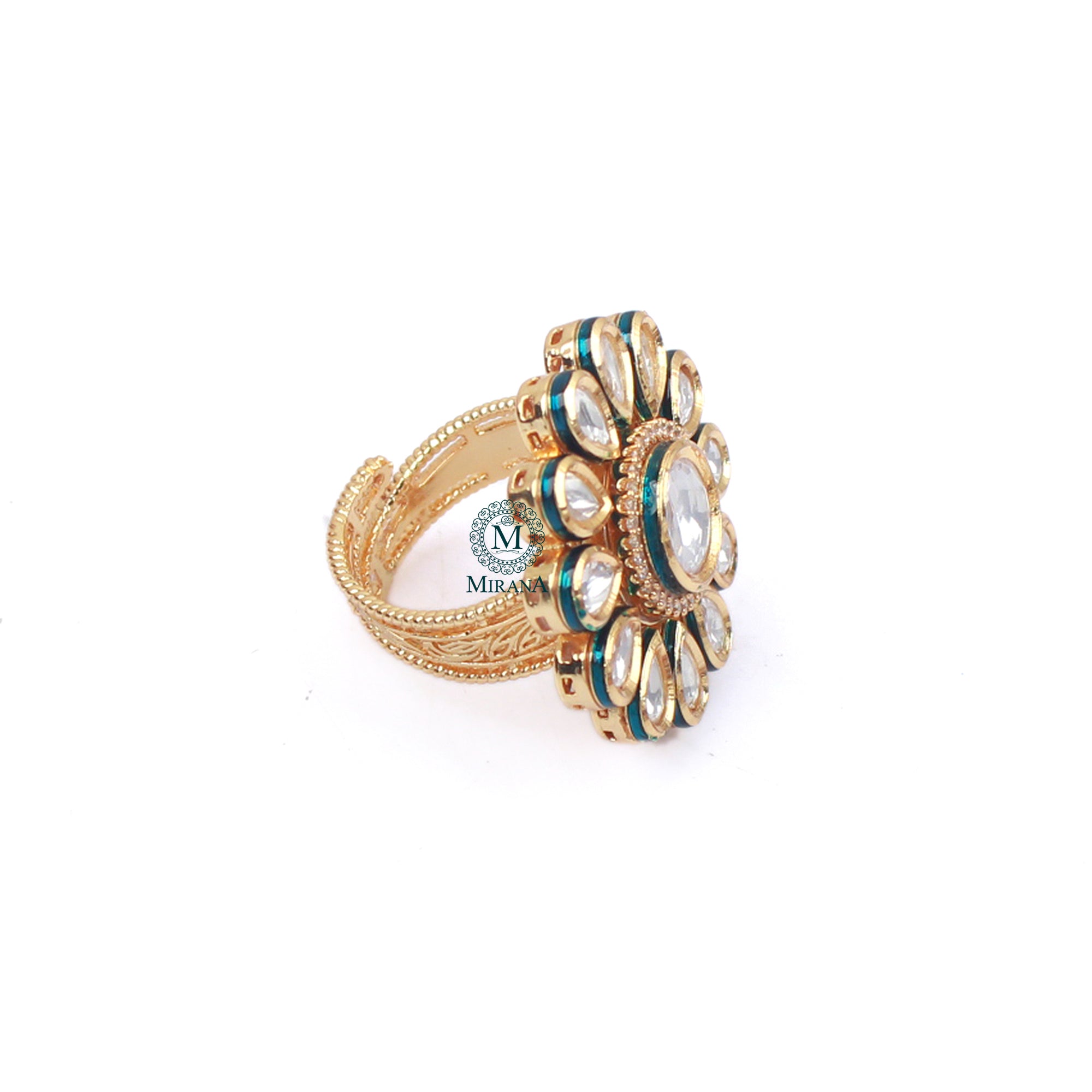 Sanjana Blue Green Polki Designer Ring