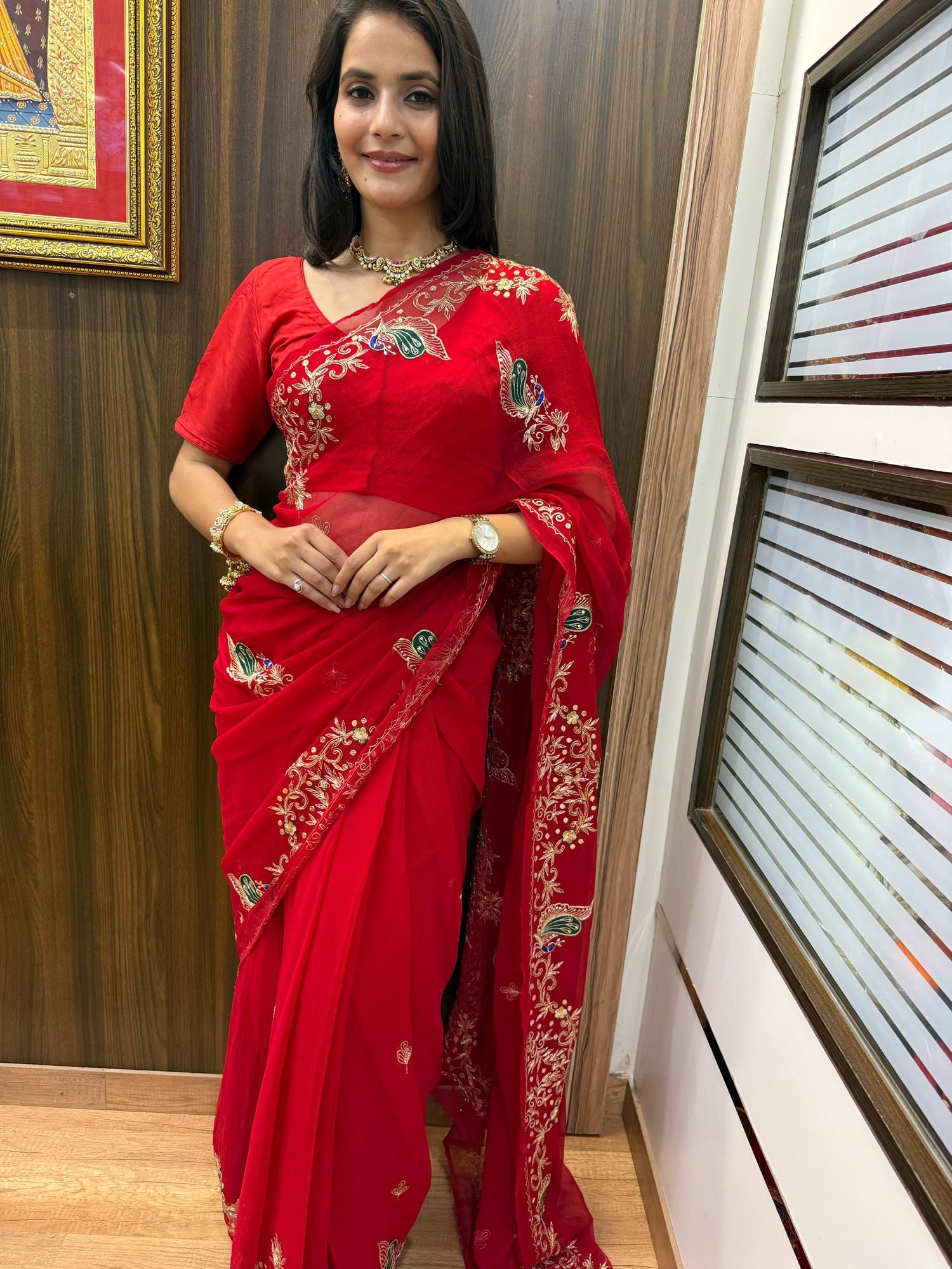 Ranisa Red Chiffon Handwork Saree