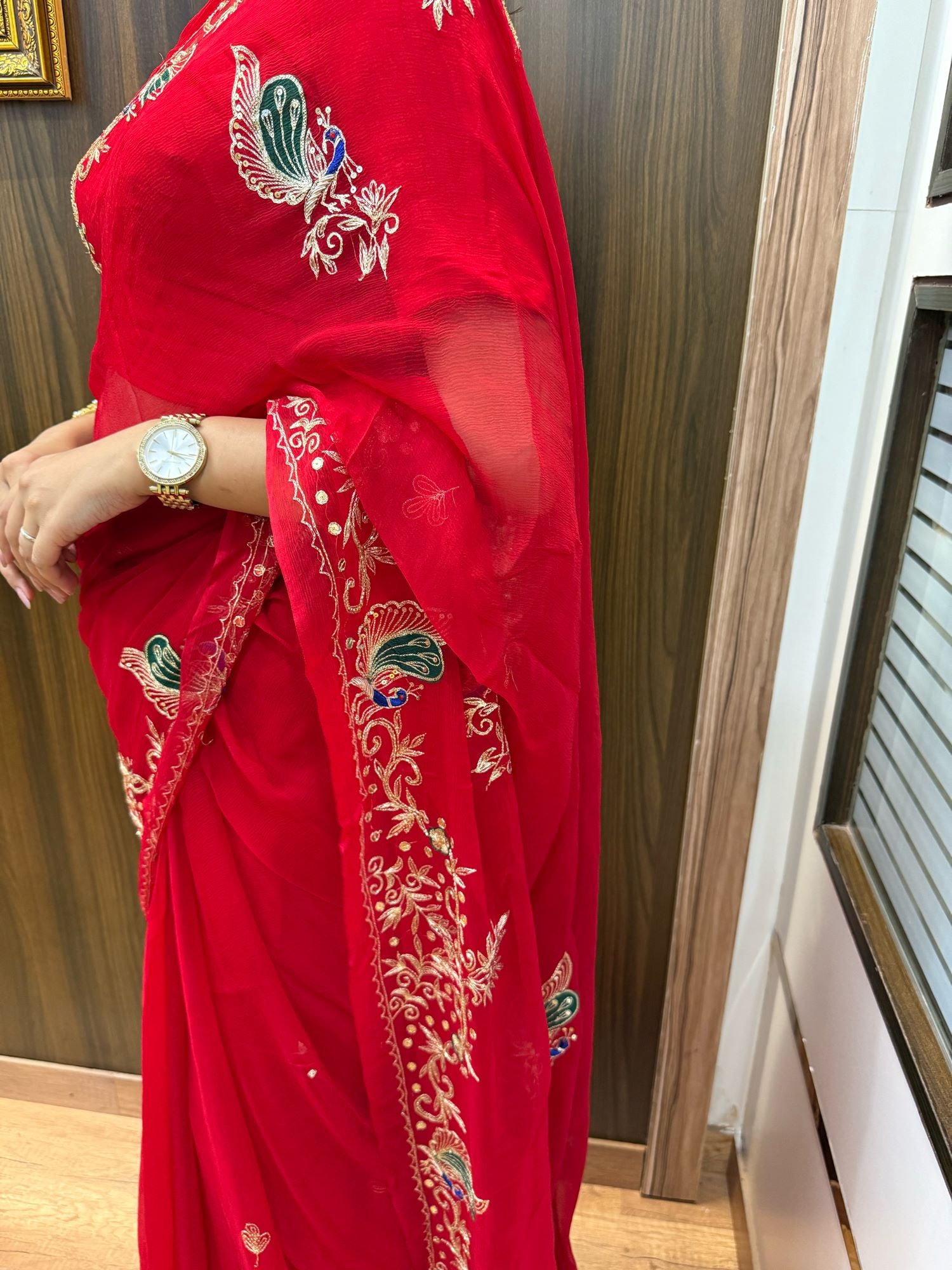 Ranisa Red Chiffon Handwork Saree