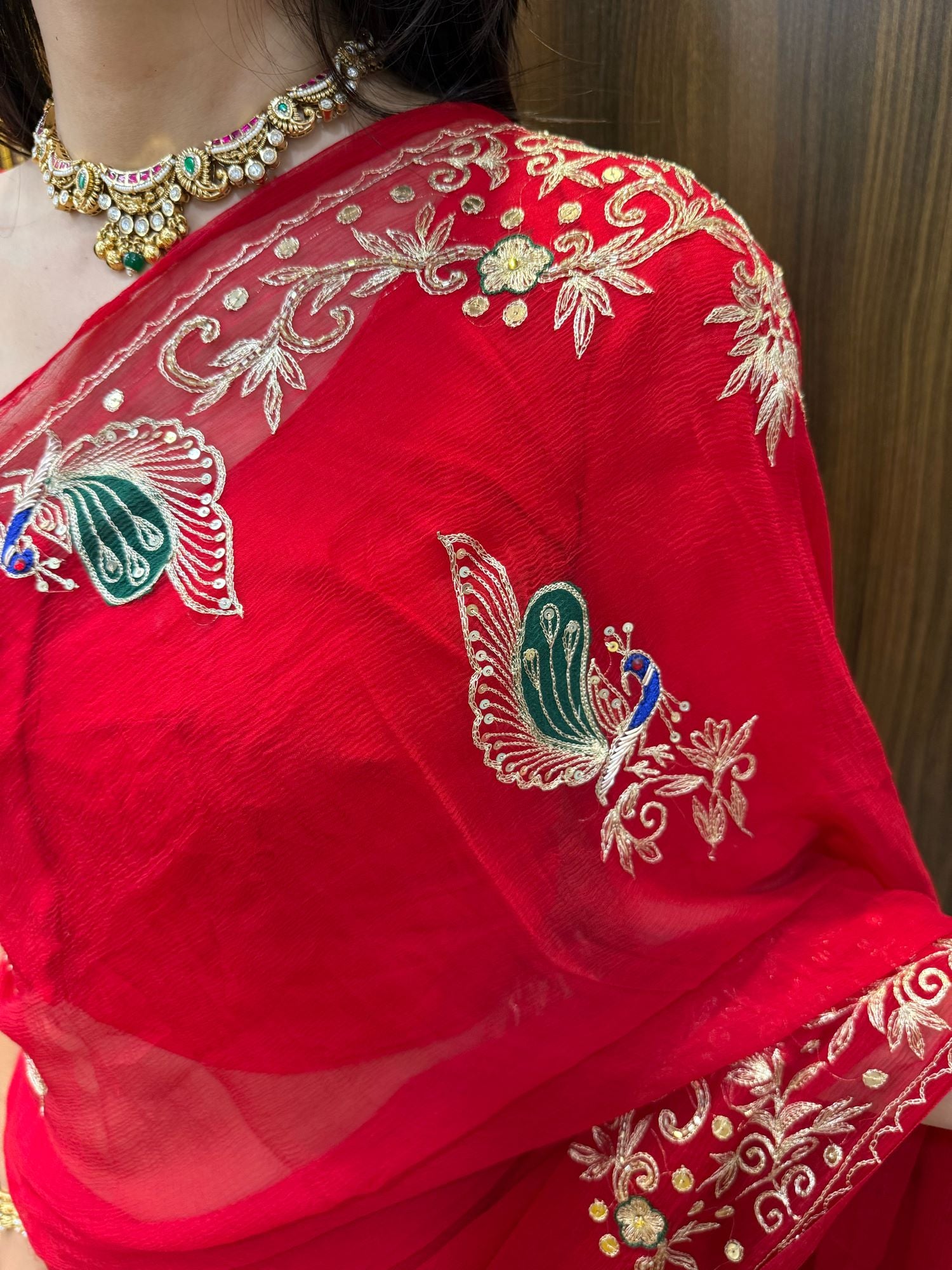 Ranisa Red Chiffon Handwork Saree