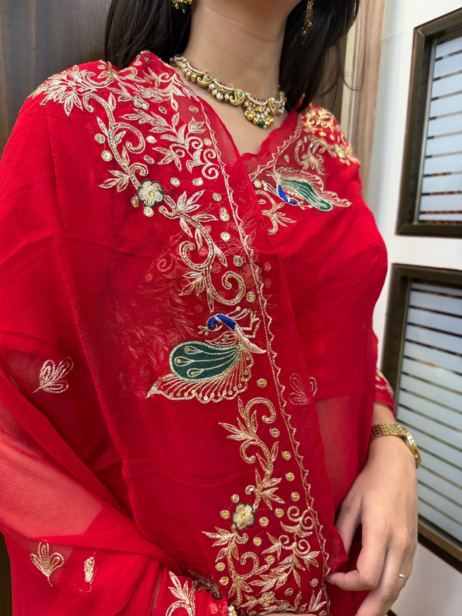 Ranisa Red Chiffon Handwork Saree
