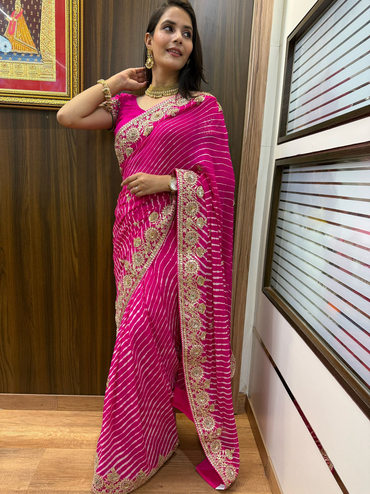 Ratna Pink Lehriya Handwork Saree