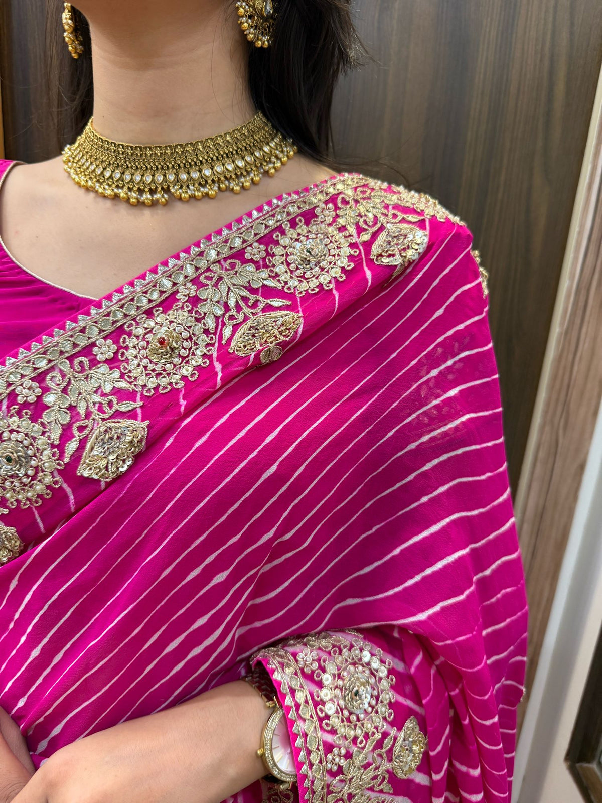 Ratna Pink Lehriya Handwork Saree