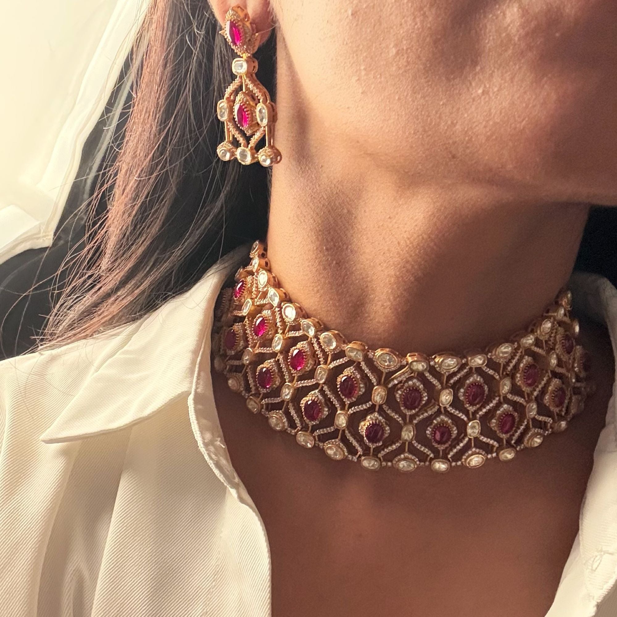 Jigya Moissanite Ruby Choker Set