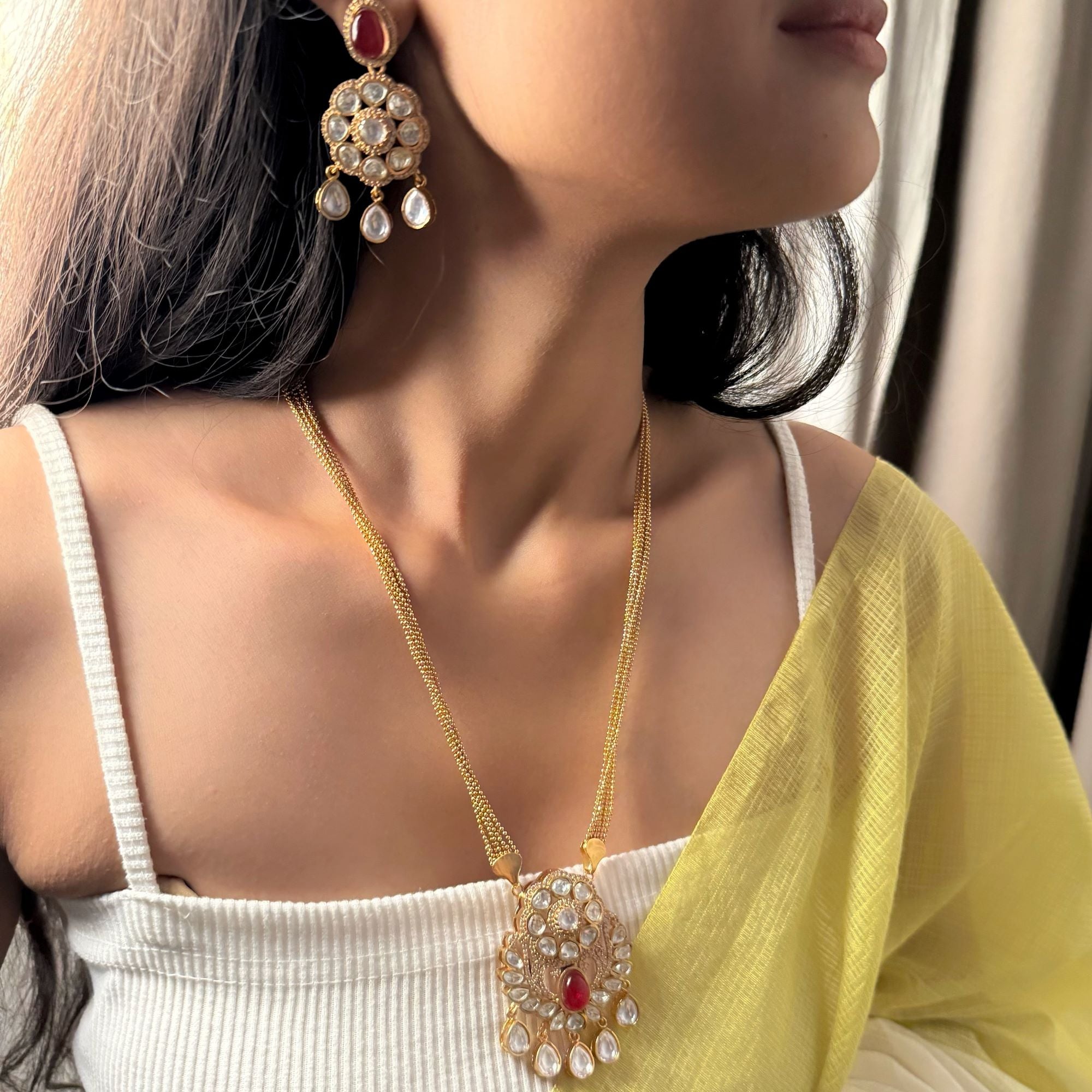 Aroo Ruby Polki Designer Pendant Set