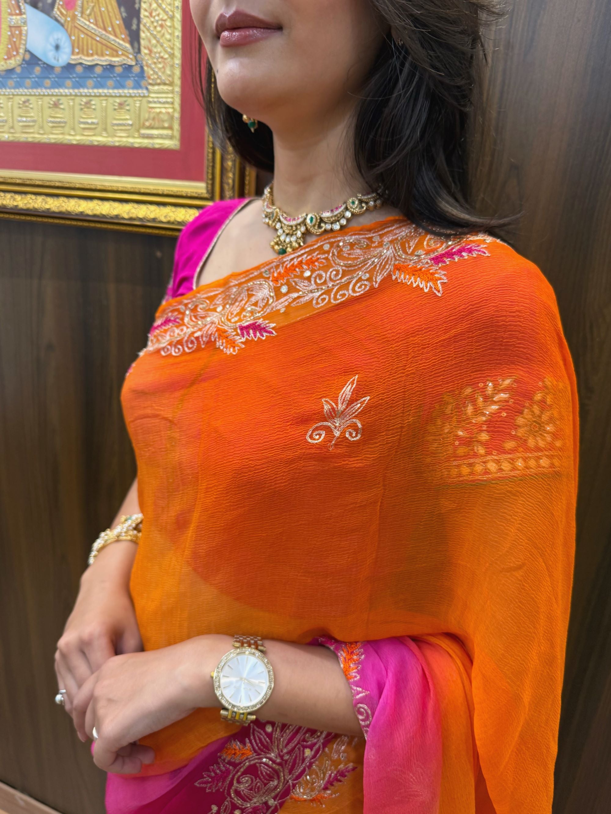 Pink& Orange Chiffon Embroidered Saree