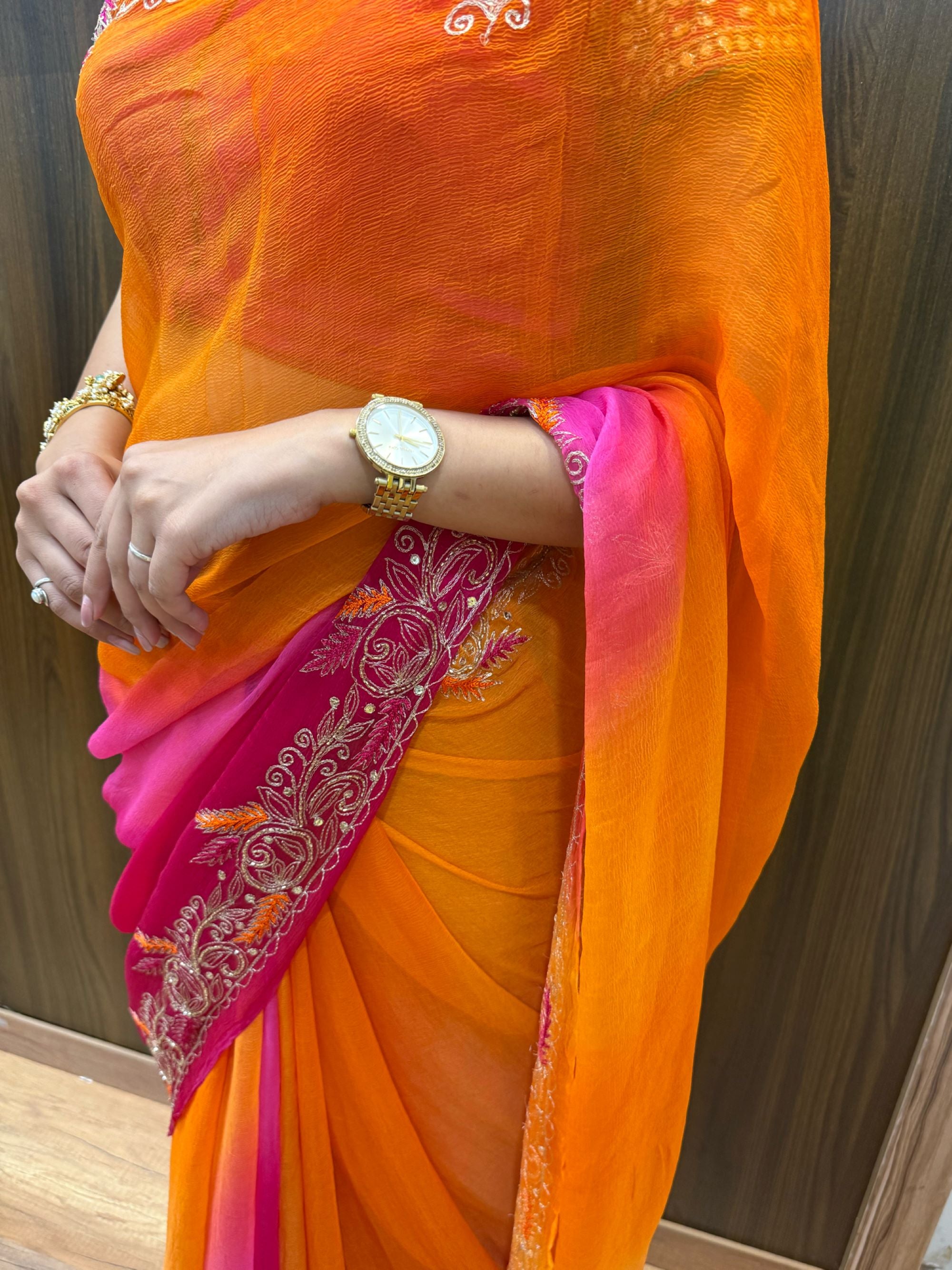 Pink& Orange Chiffon Embroidered Saree