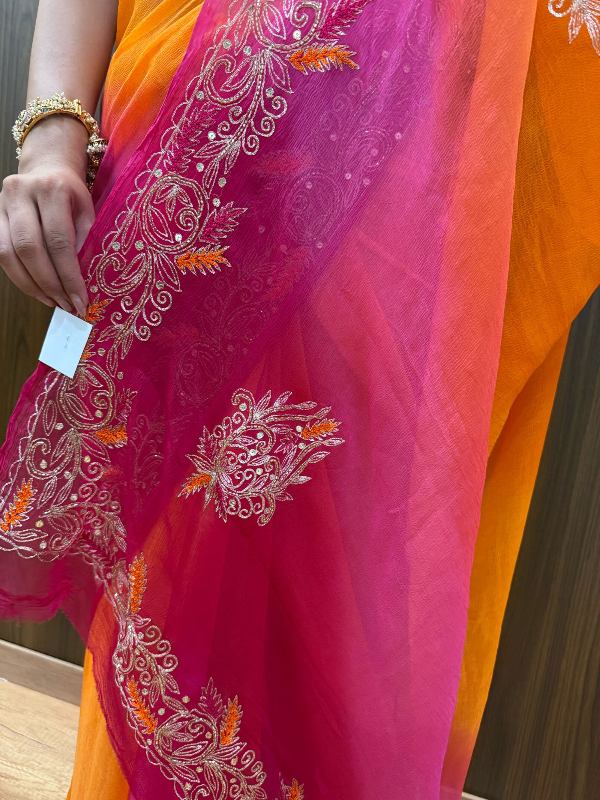 Pink& Orange Chiffon Embroidered Saree