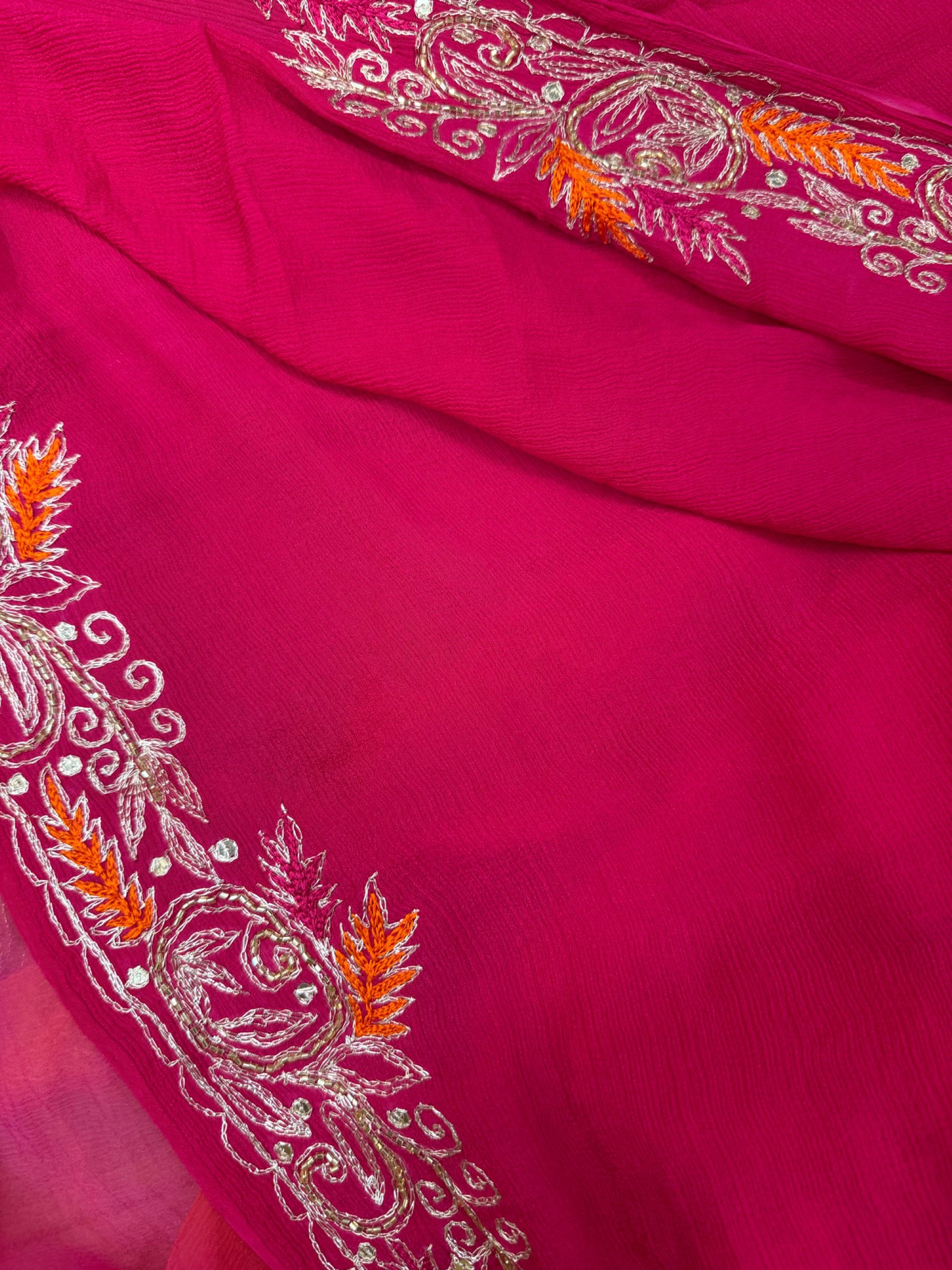 Pink& Orange Chiffon Embroidered Saree