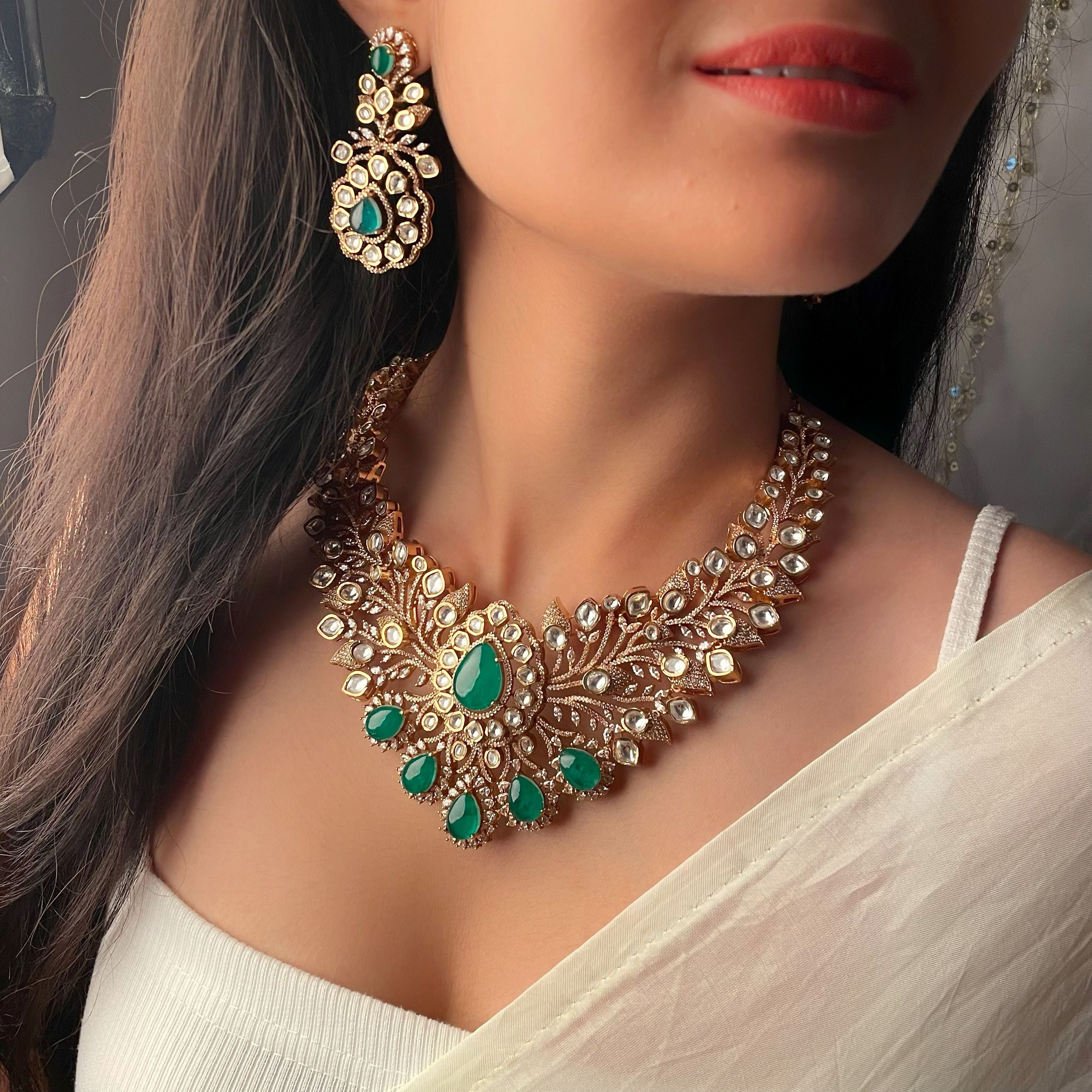 Shivika Emerald Green Bridal Moissanite Necklace Set