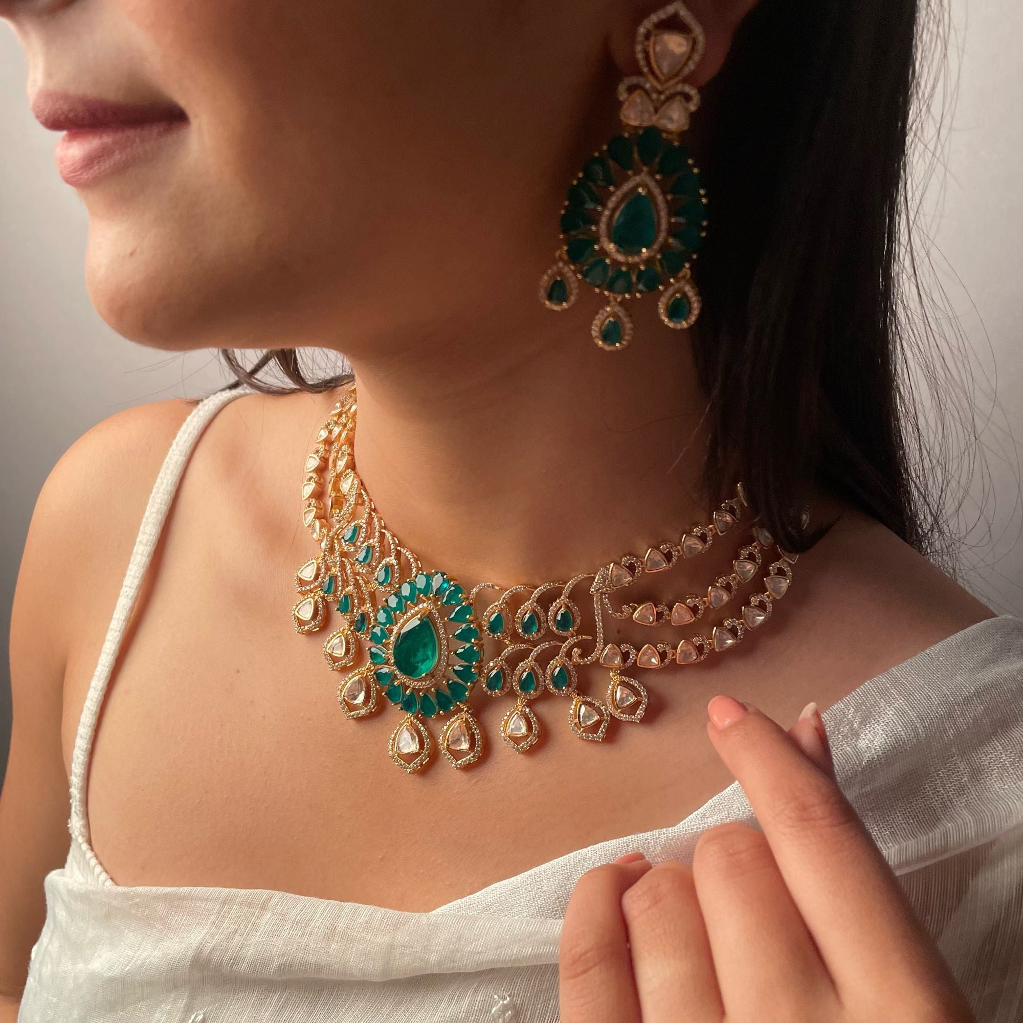 Dhari Moissanite Emerald Green Necklace set