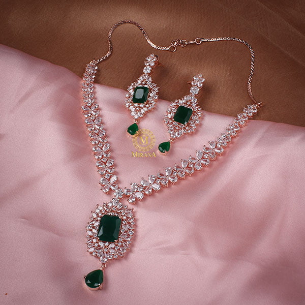 Anshi Art American Diamond And Green Stone Necklace Set, Size: Adjustable
